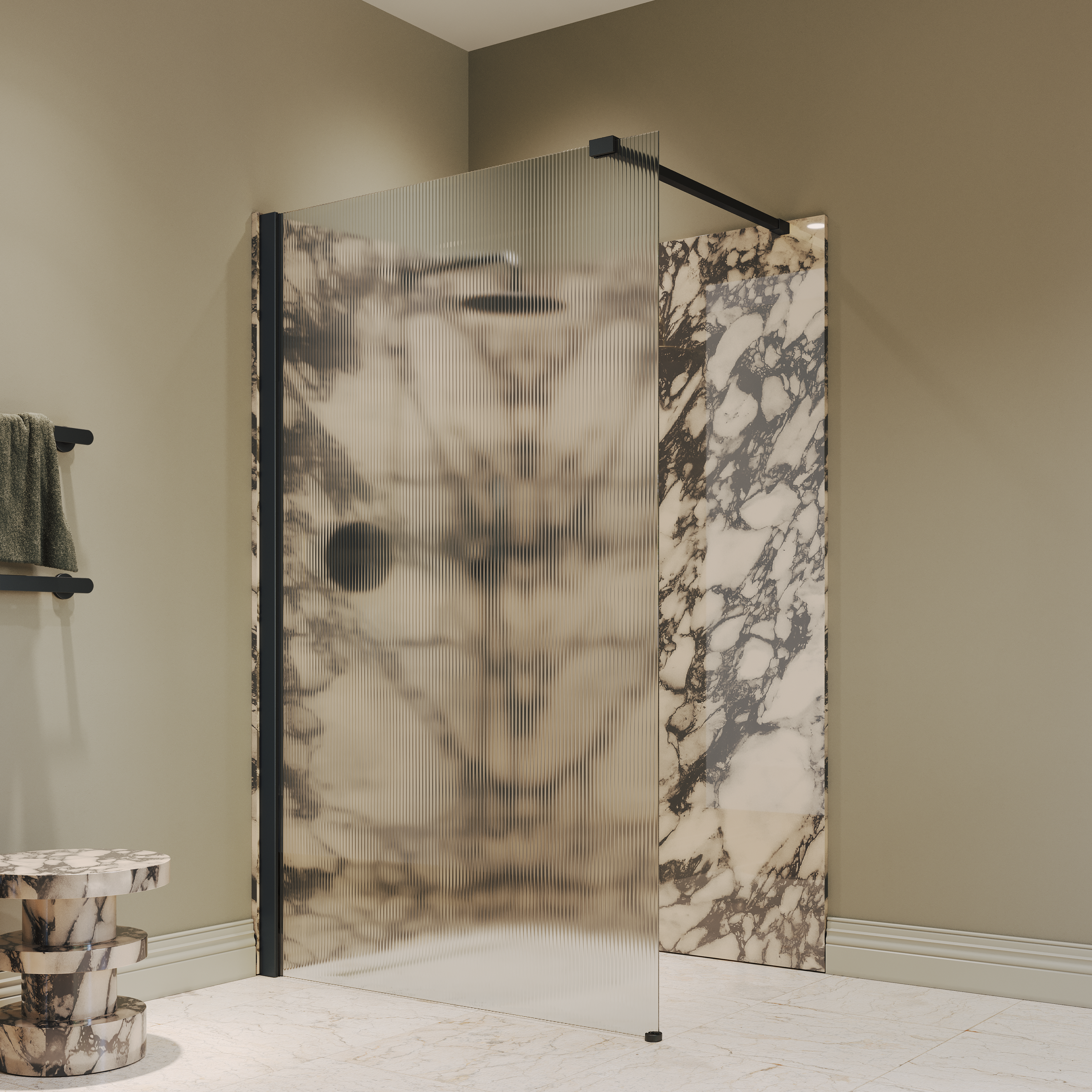 Sterling Reeded Frameless Matte Black Shower Screen