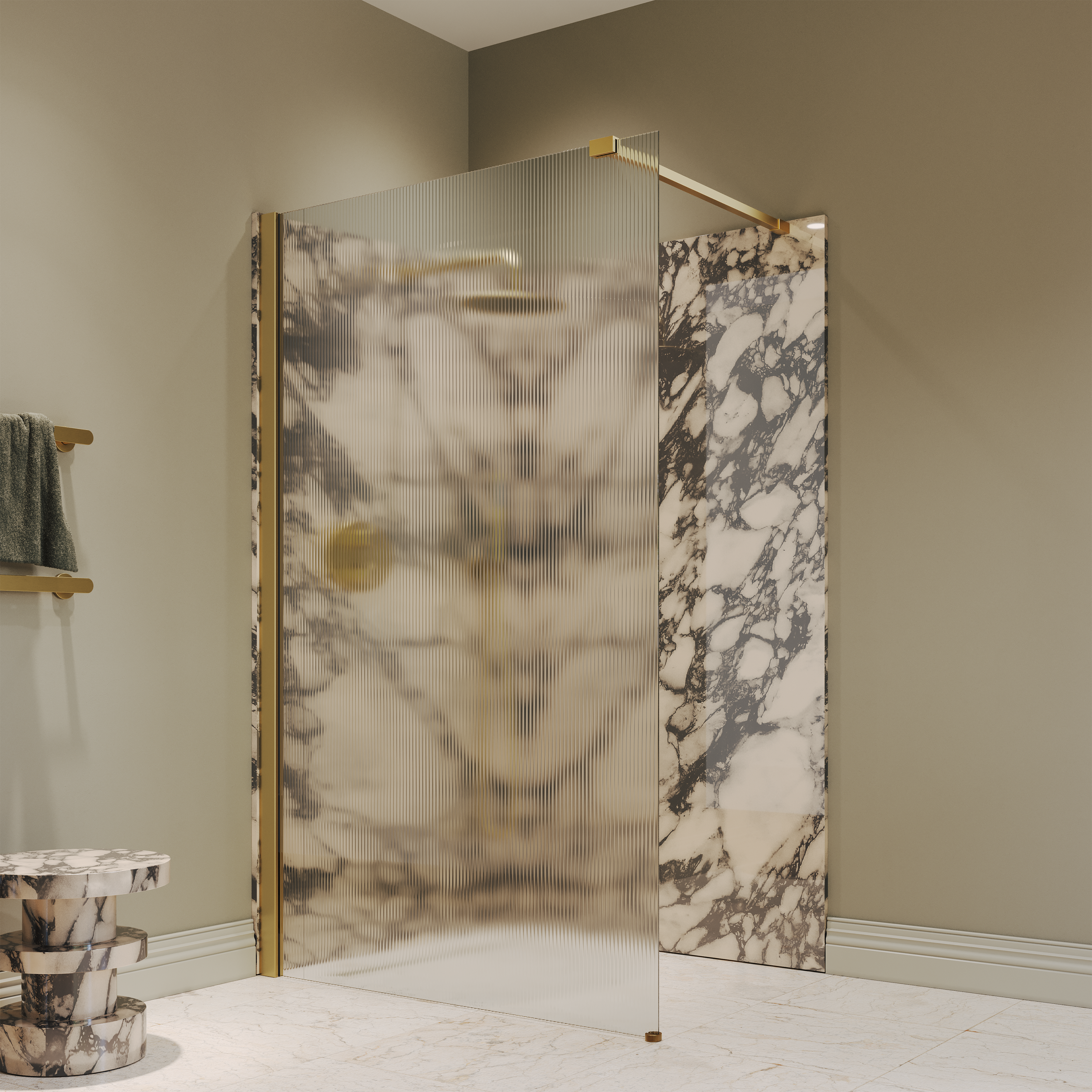 Sterling Reeded Frameless Brushed Gold Shower Screen
