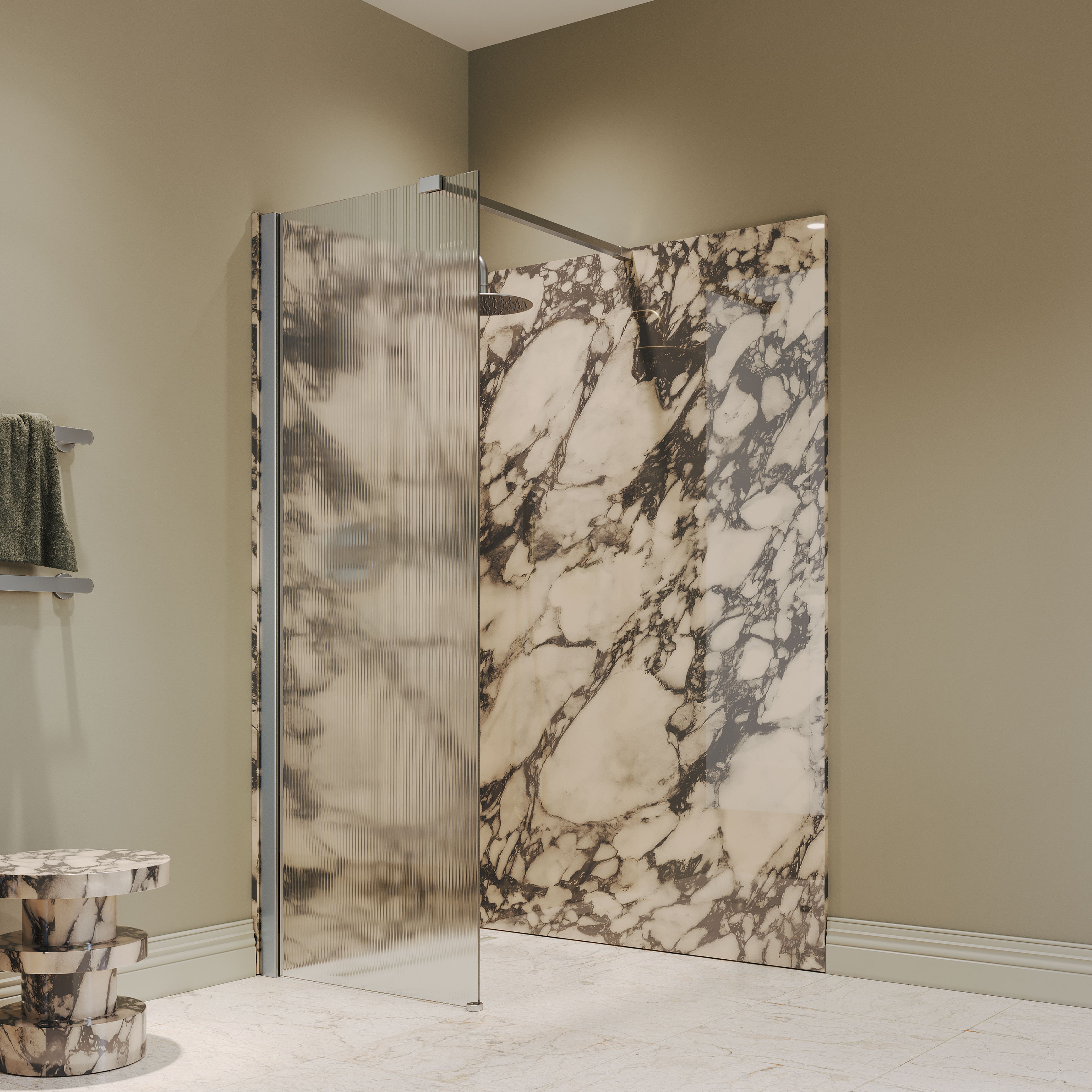 Sterling Reeded Frameless Brushed Stainless Shower Screen