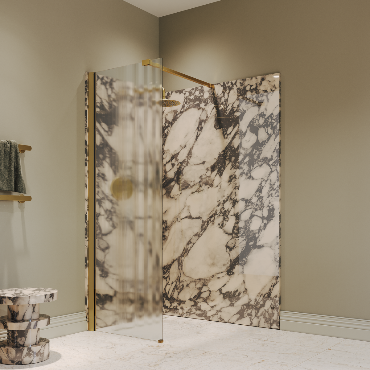 Sterling Reeded Frameless Brushed Gold Shower Screen