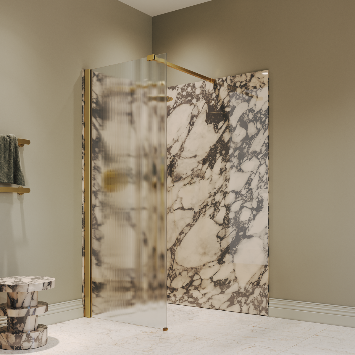 Sterling Reeded Frameless Brushed Gold Shower Screen