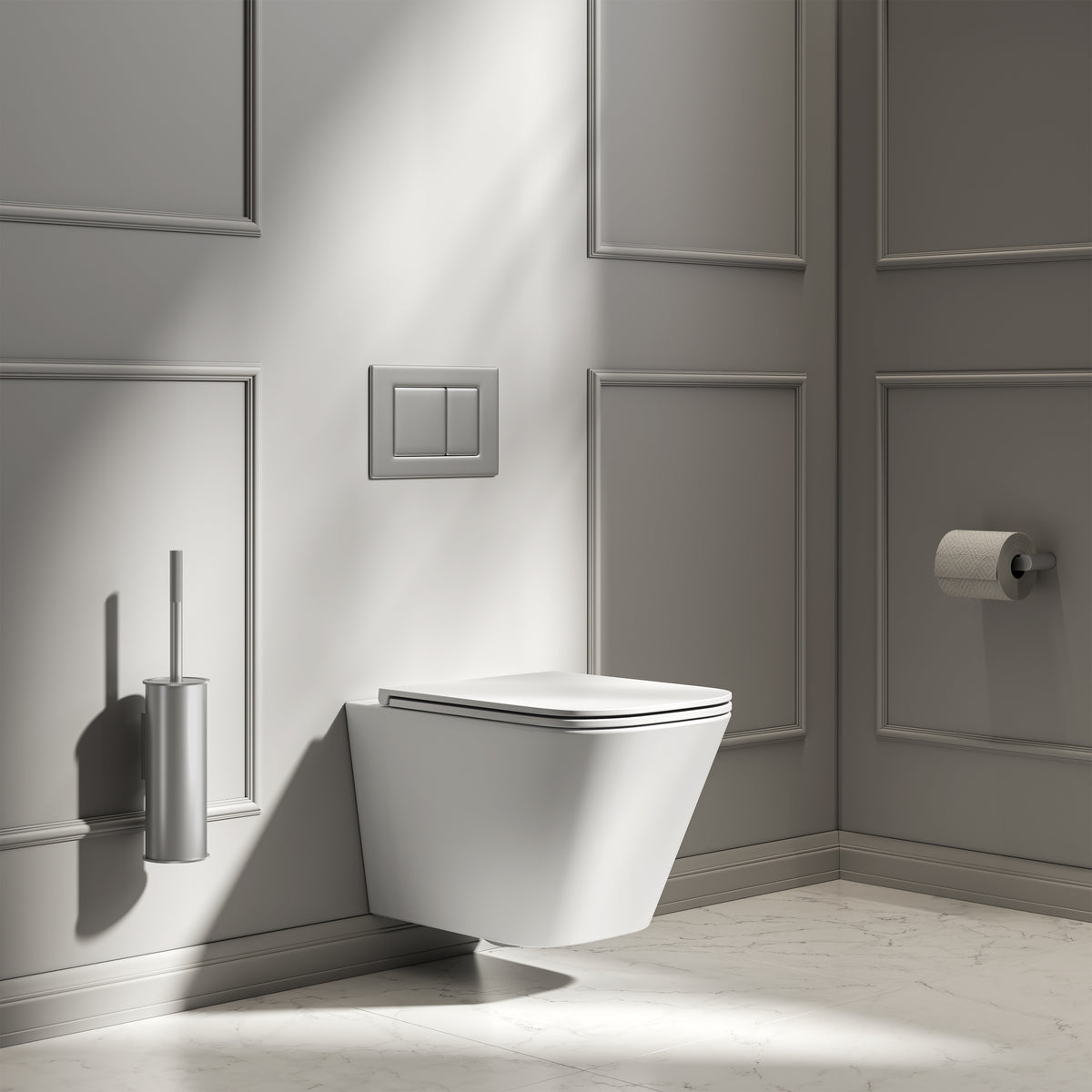 Arlo Matte White Wall Hung Rimless Toilet with Concealed Cistern & Brushed Stainless Flush Plate