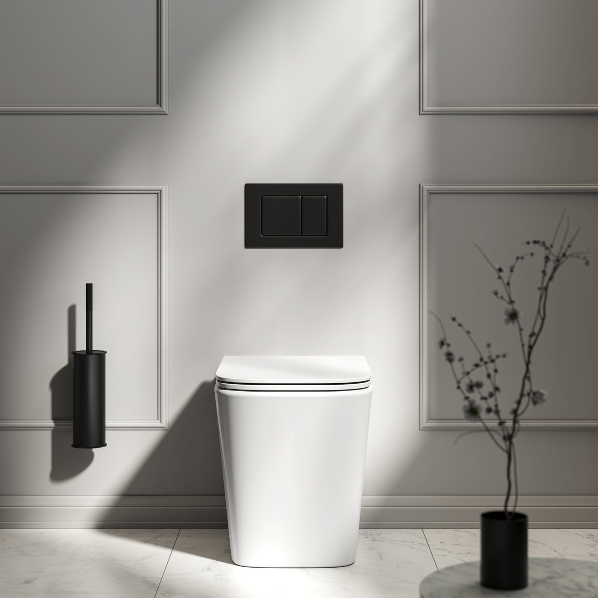 Arlo Polished White Back To Wall Rimless Toilet with Concealed Cistern & Matte Black Flush Plate