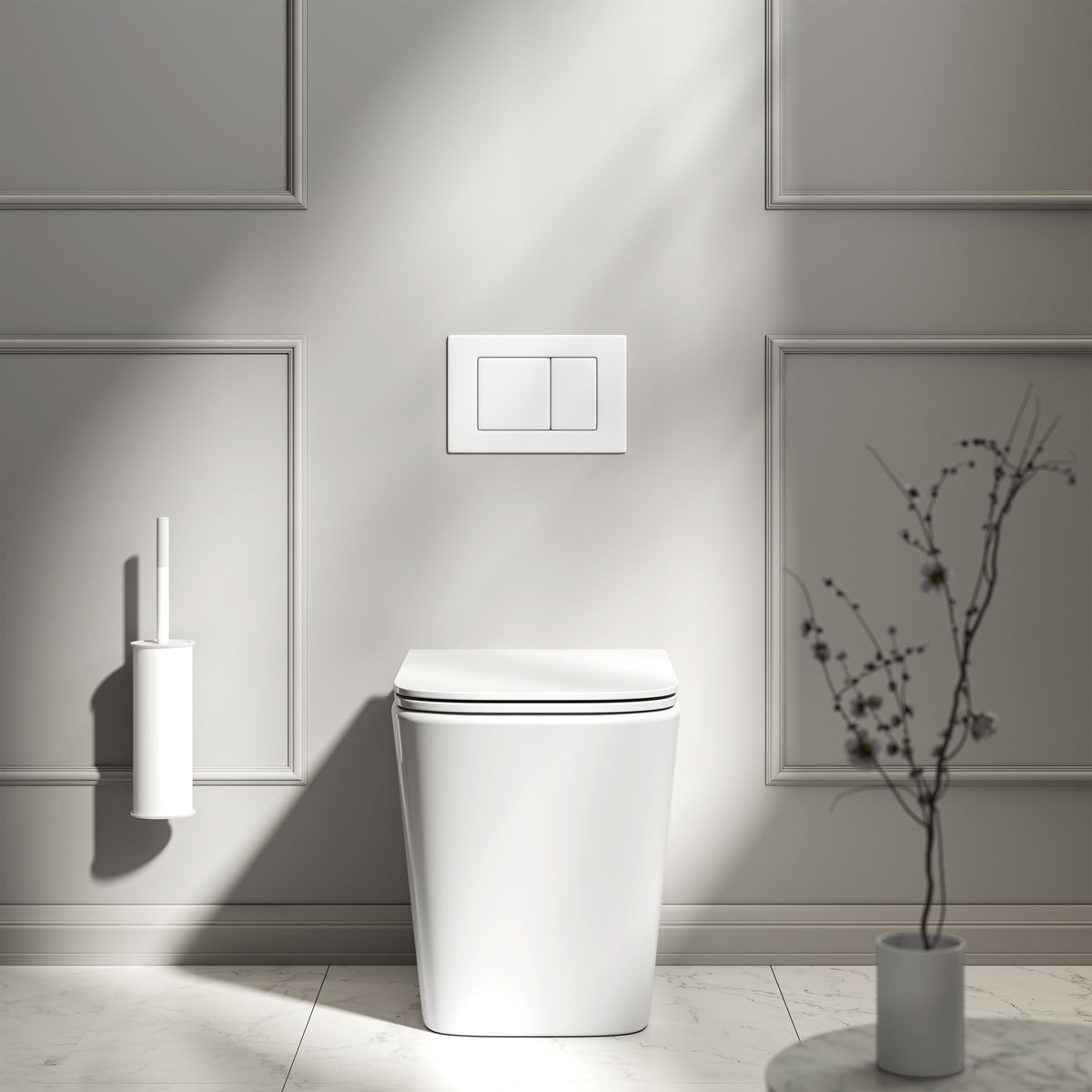 Arlo Polished White Back To Wall Rimless Toilet with Concealed Cistern & Matte White Flush Plate