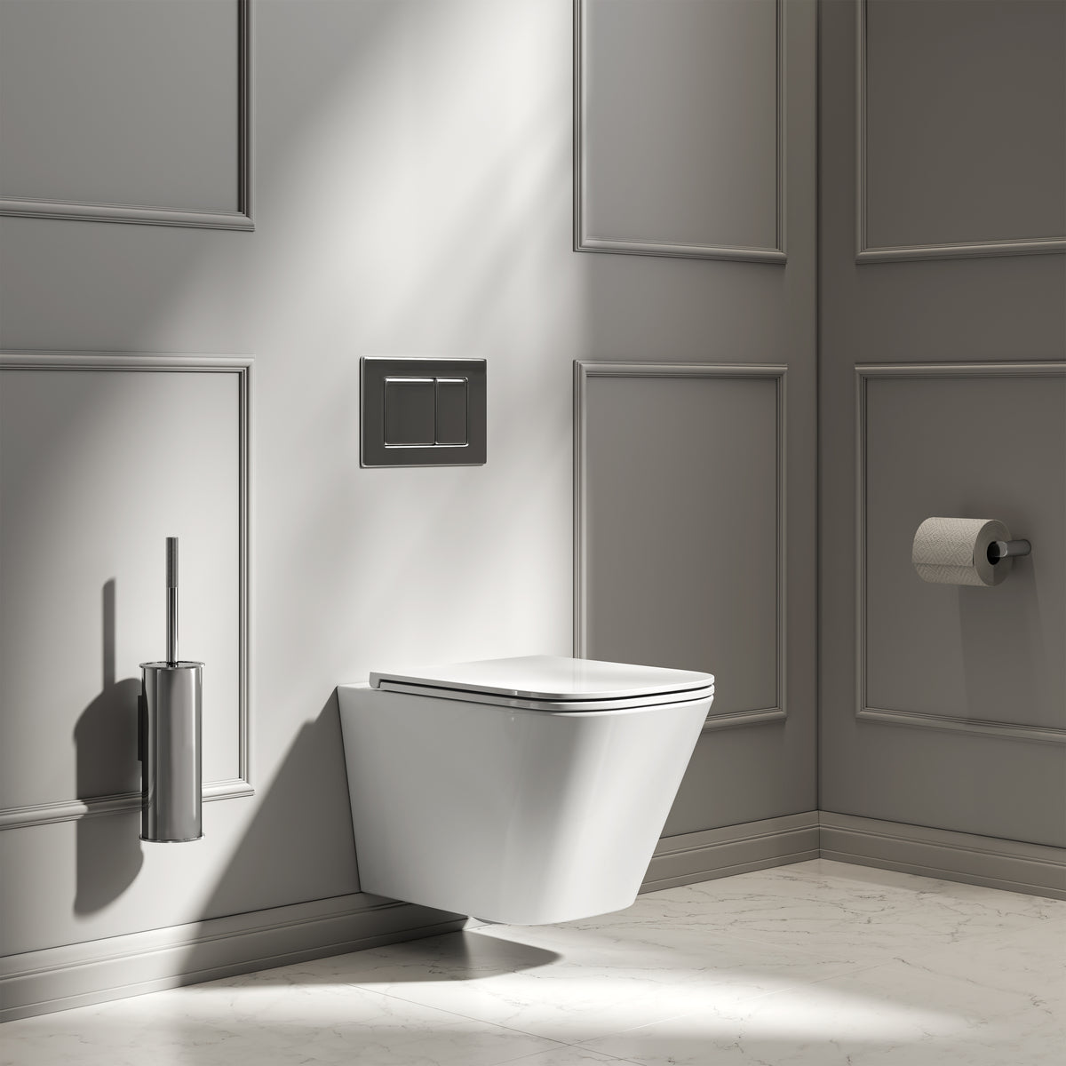 Arlo Polished White Wall Hung Rimless Toilet with Concealed Cistern & Chrome Flush Plate