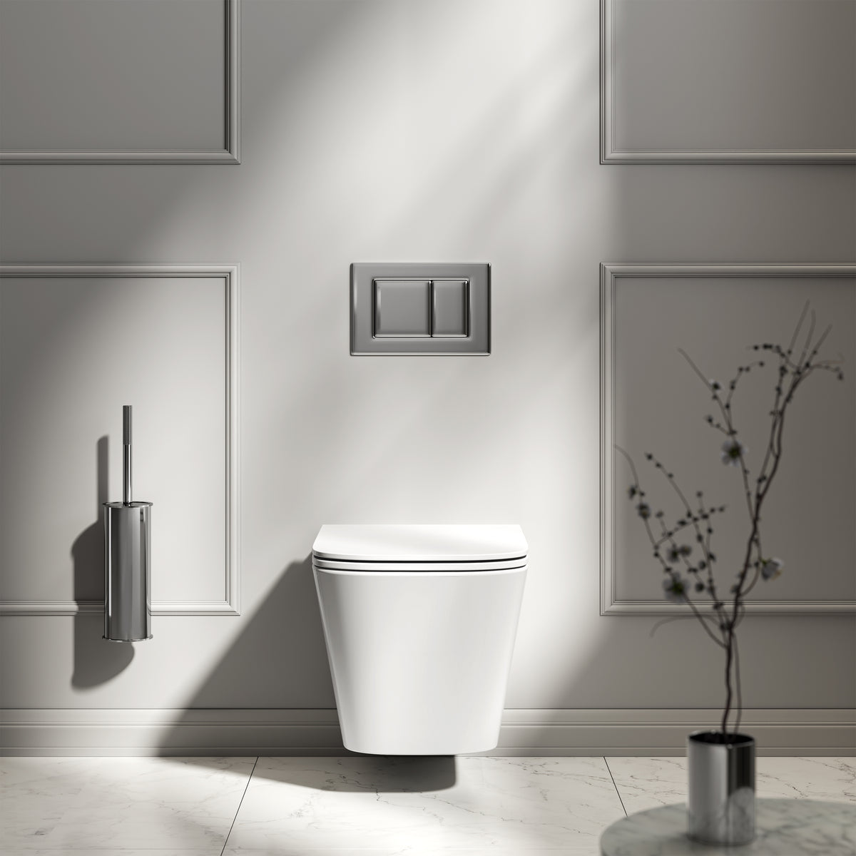 Arlo Polished White Wall Hung Rimless Toilet with Concealed Cistern & Chrome Flush Plate
