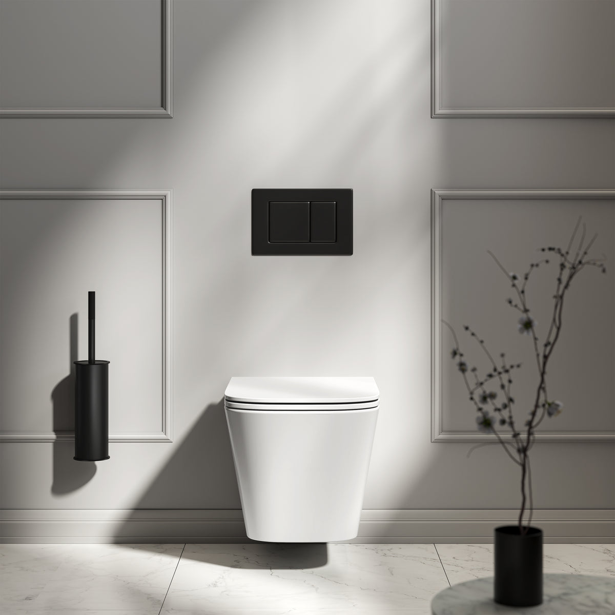 Arlo Polished White Wall Hung Rimless Toilet with Concealed Cistern & Matte Black Flush Plate
