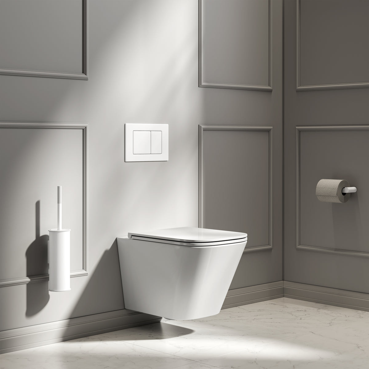 Arlo Polished White Wall Hung Rimless Toilet with Concealed Cistern & Matte White Flush Plate