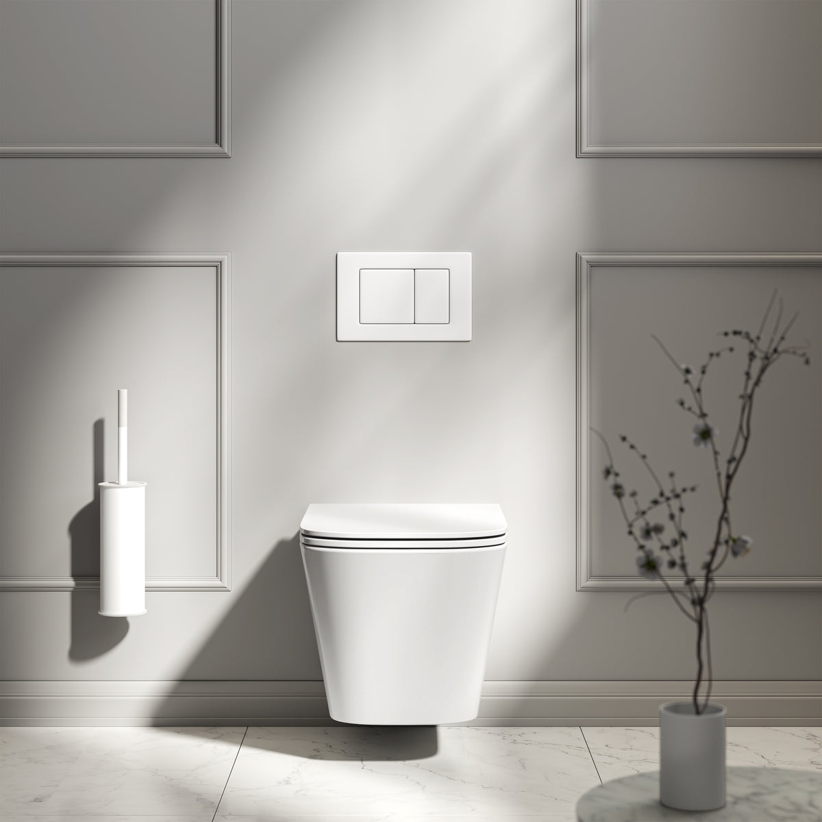 Arlo Polished White Wall Hung Rimless Toilet with Concealed Cistern & Matte White Flush Plate