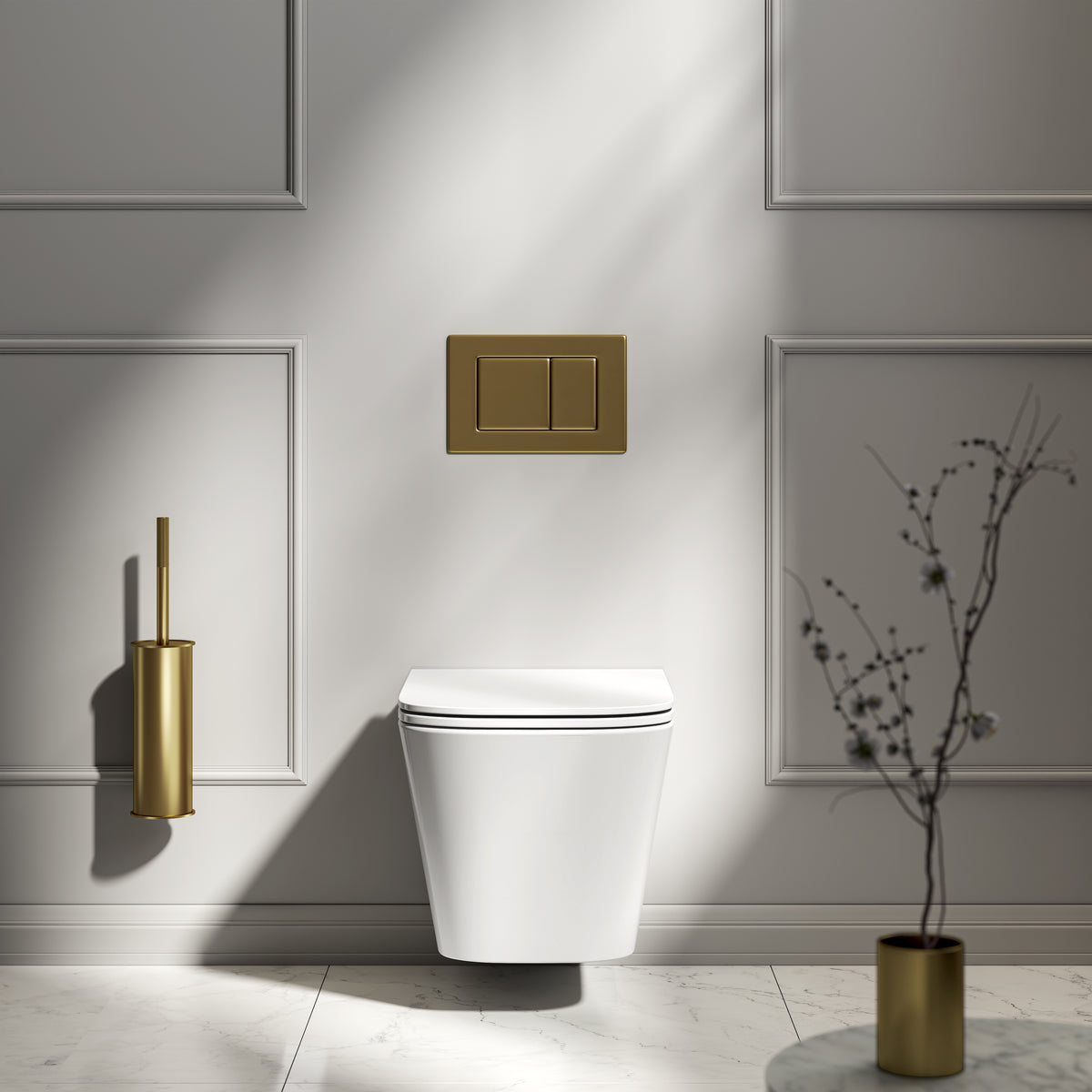 Arlo Polished White Wall Hung Rimless Toilet with Concealed Cistern & Brushed Gold Flush Plate