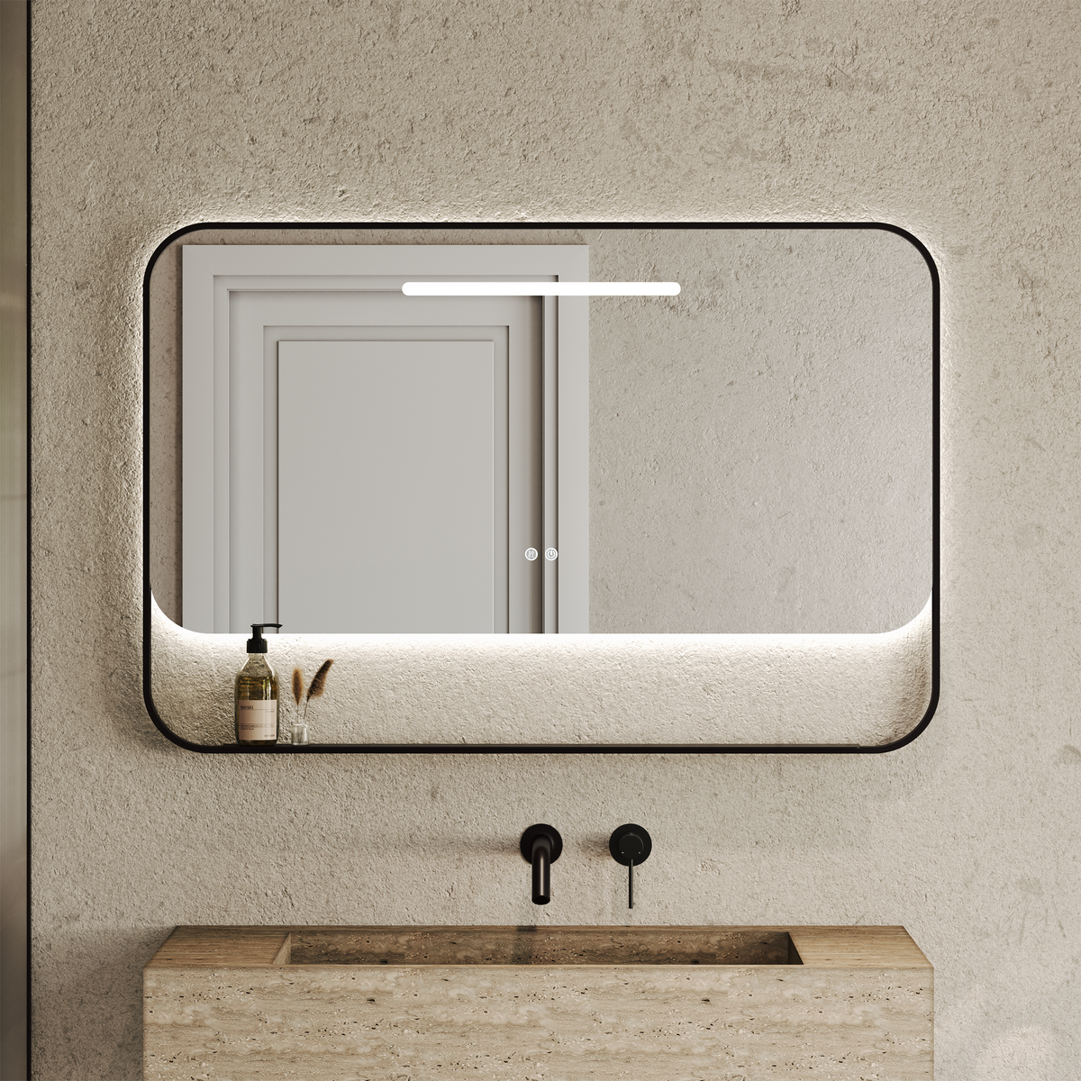 Rectangular black-framed mirror with rounded corners, a glowing top light bar and a narrow bottom shelf