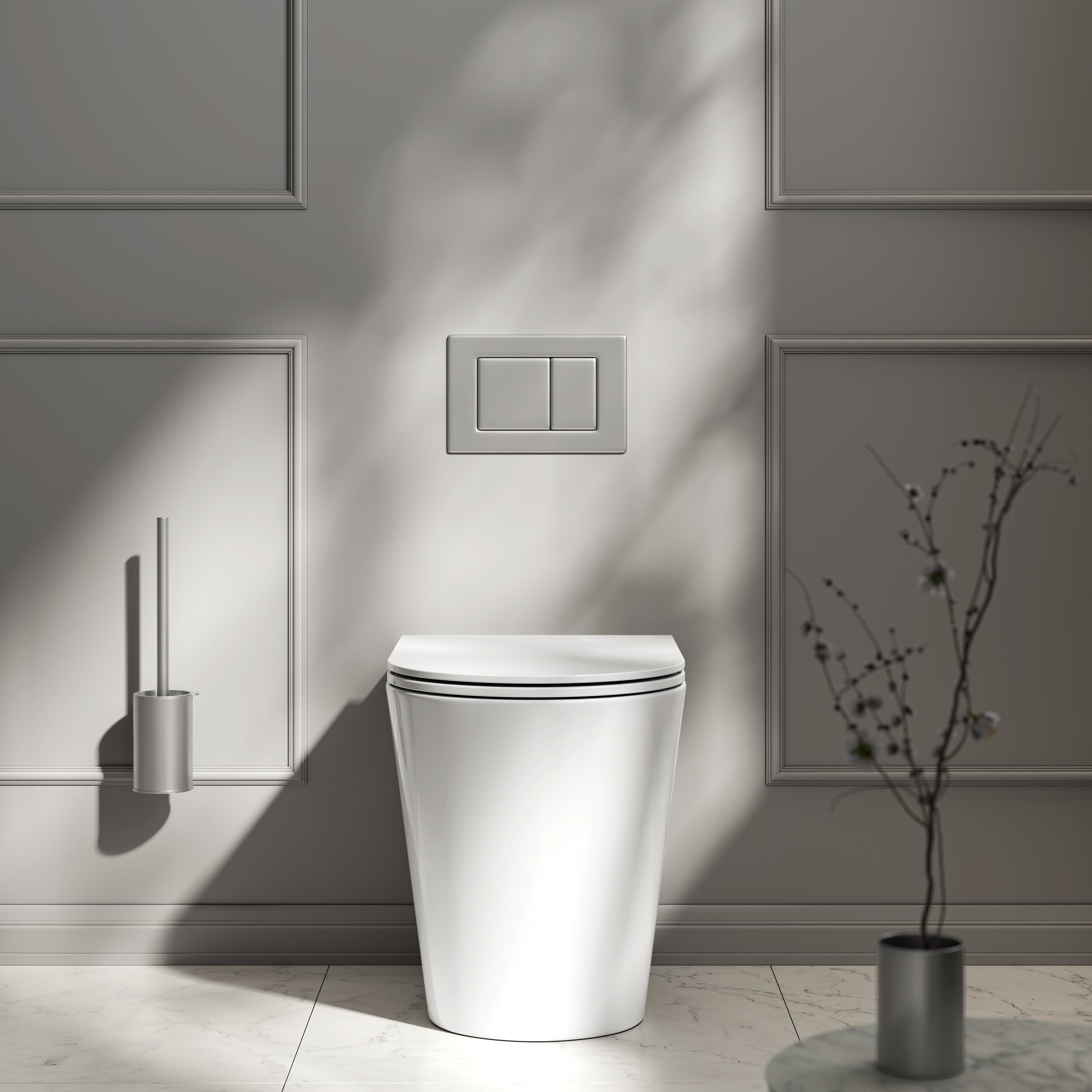 Nuvo Back to Wall Rimless Polished White Toilet & Concealed Cistern & Brushed Stainless Flush Plate