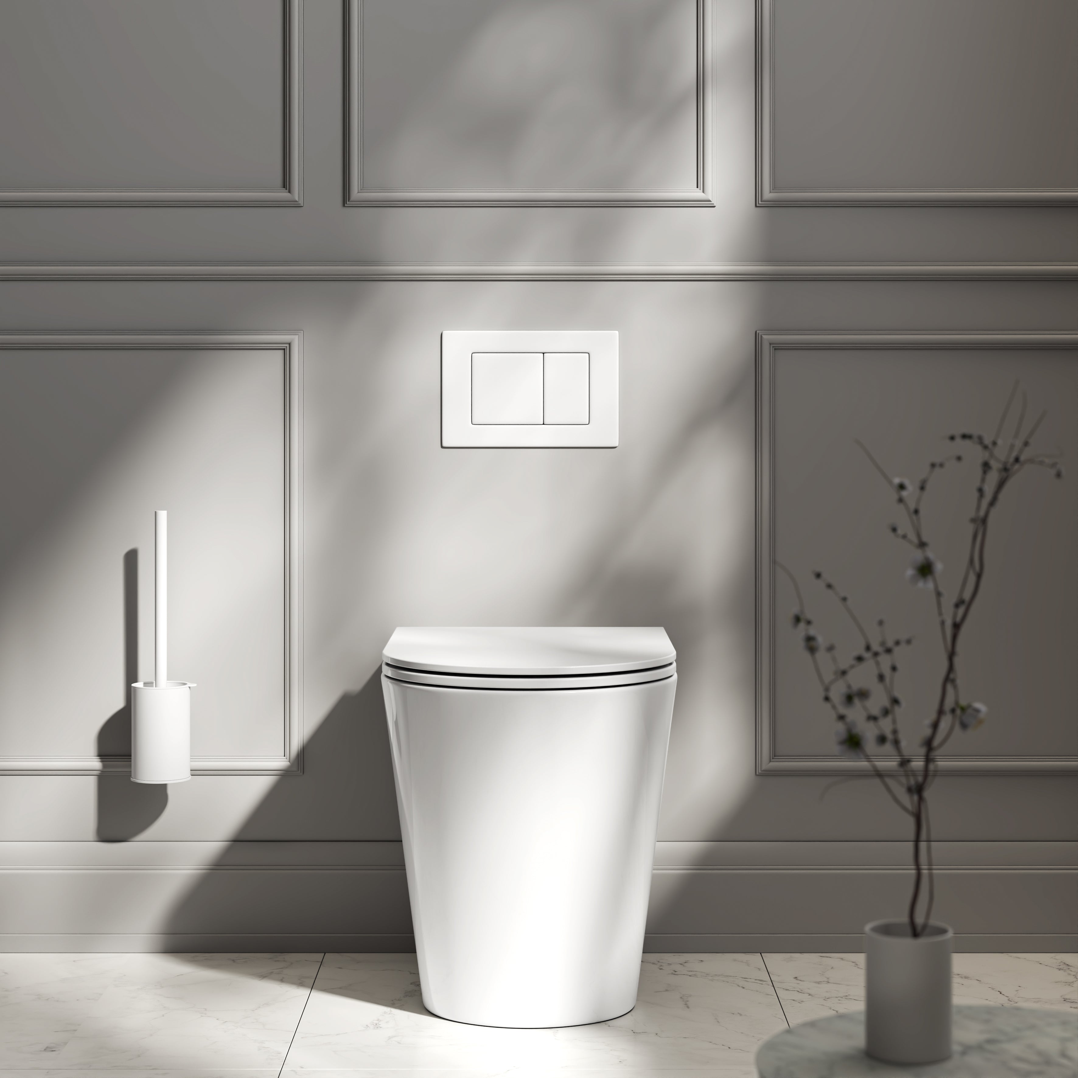 Nuvo Back to Wall Rimless Polished White Toilet with Concealed Cistern & Matte White Flush Plate