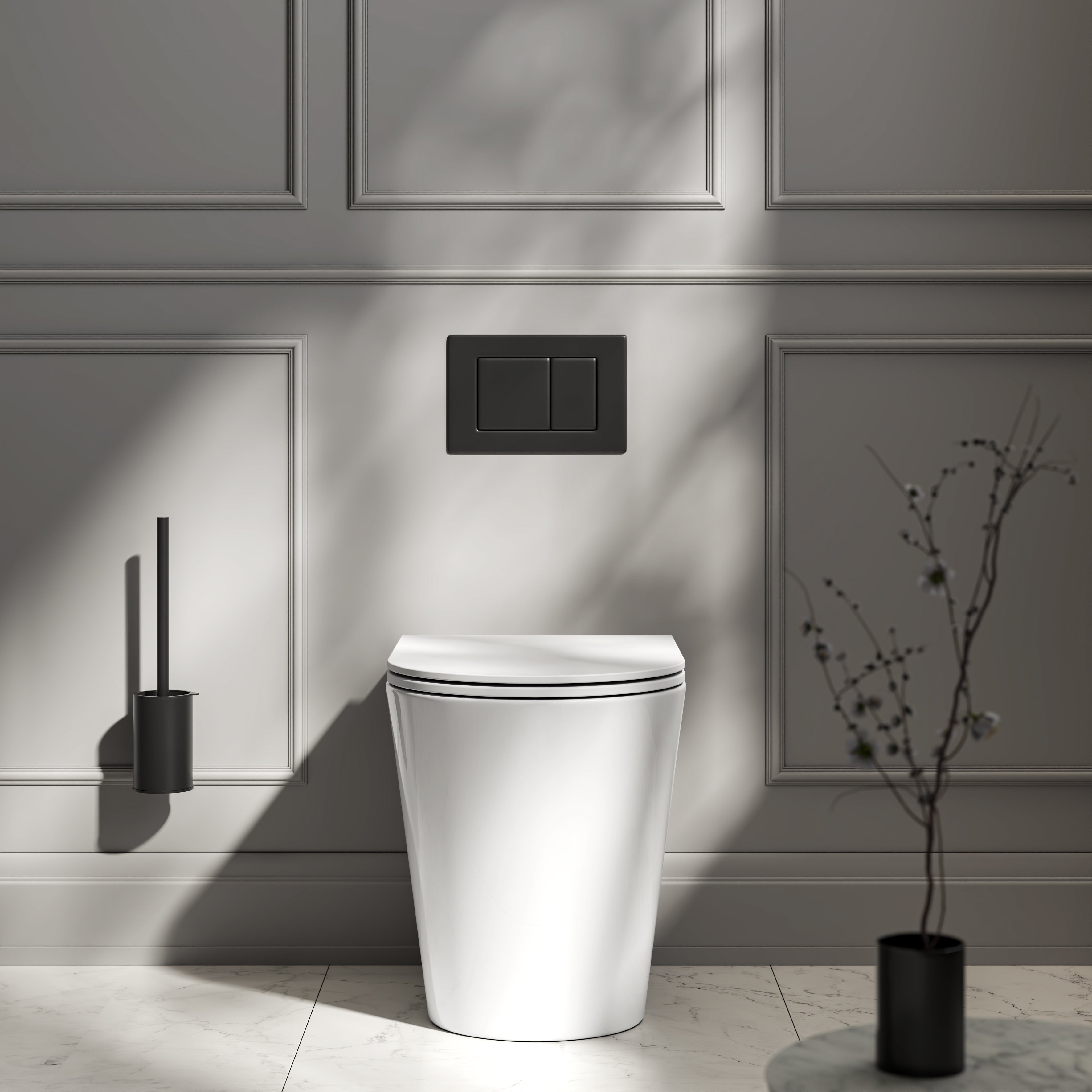 Nuvo Back to Wall Rimless Polished White Toilet with Concealed Cistern & Matte Black Flush Plate