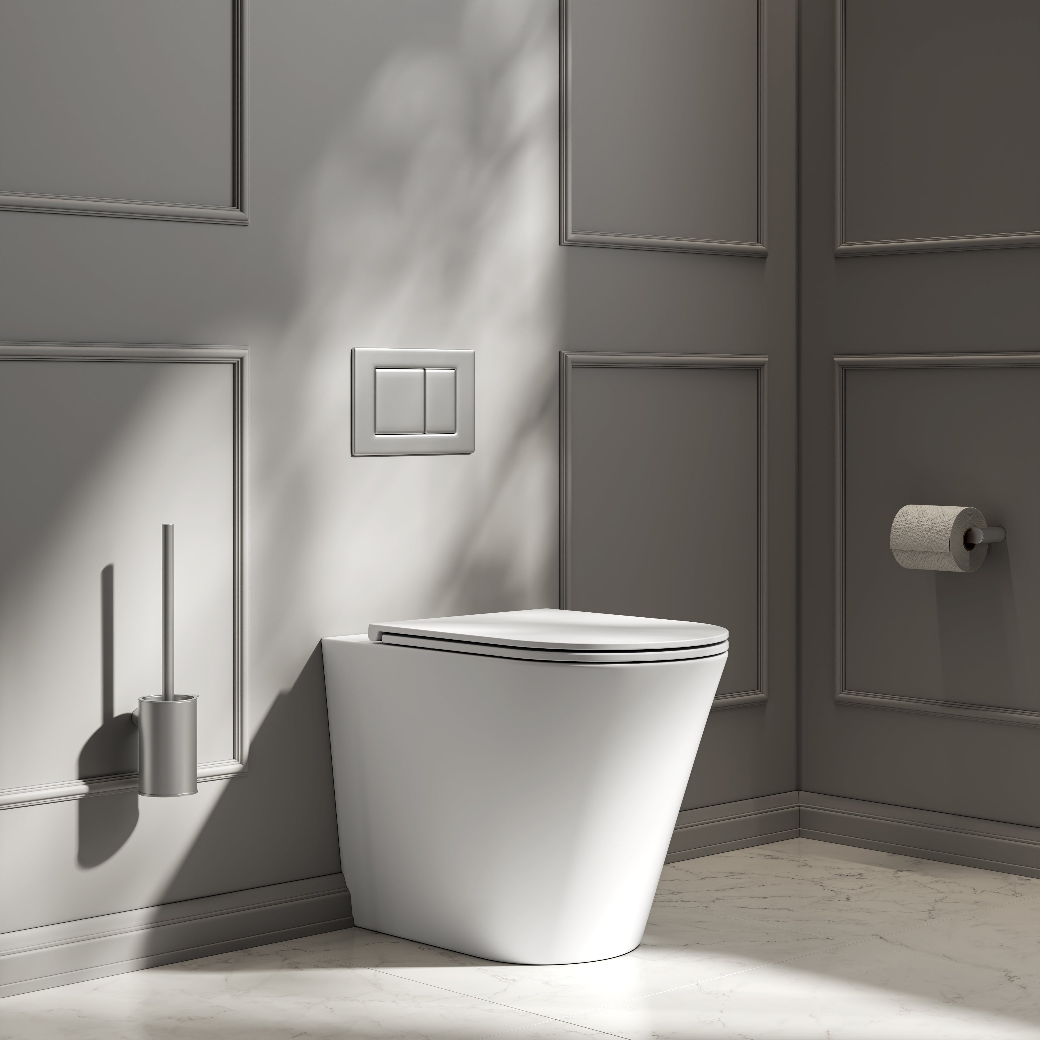 Nuvo Back to Wall Rimless Matte White Toilet with Concealed Cistern & Brushed Stainless Flush Plate