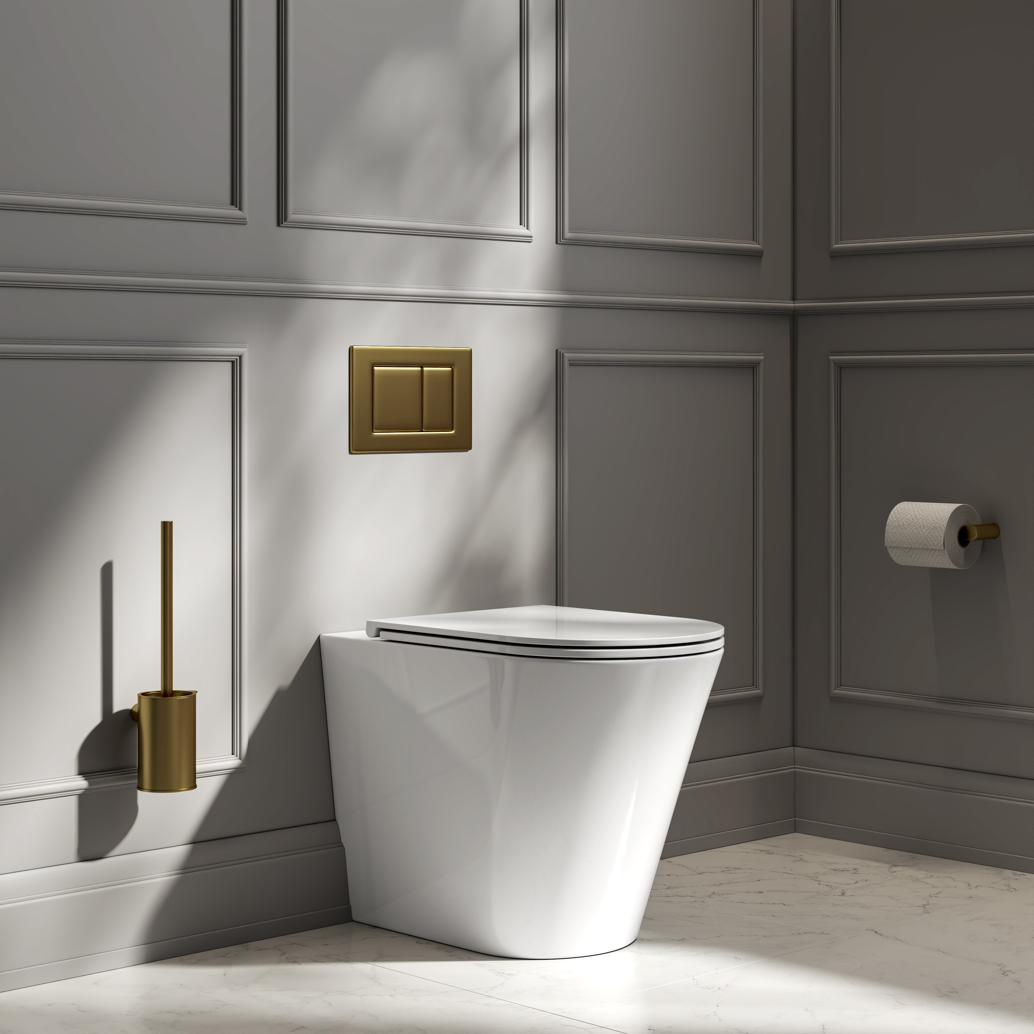 Nuvo Back to Wall Rimless Polished White Toilet with Concealed Cistern & Brushed Gold Flush Plate