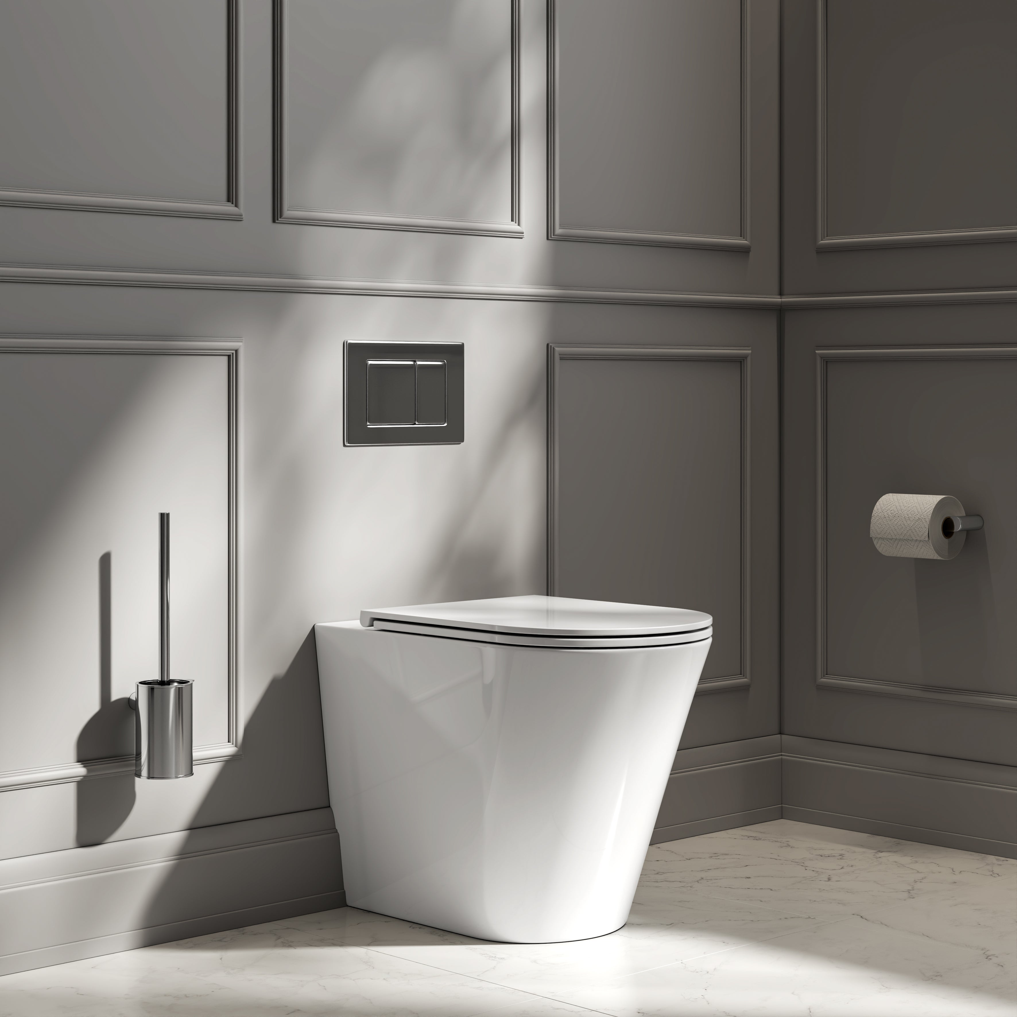 Nuvo Back to Wall Rimless Polished White Toilet with Concealed Cistern & Chrome Flush Plate