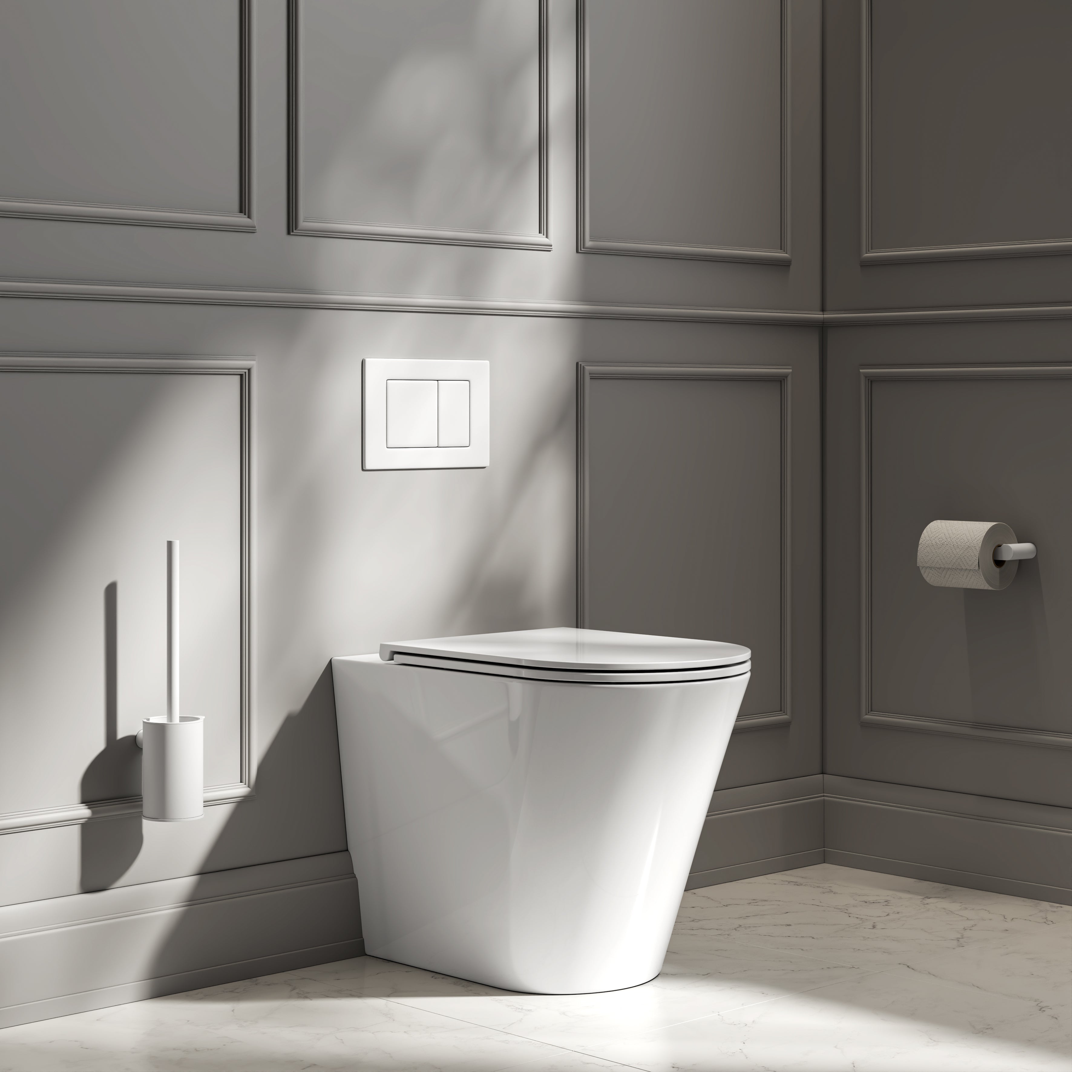 Nuvo Back to Wall Rimless Polished White Toilet with Concealed Cistern & Matte White Flush Plate