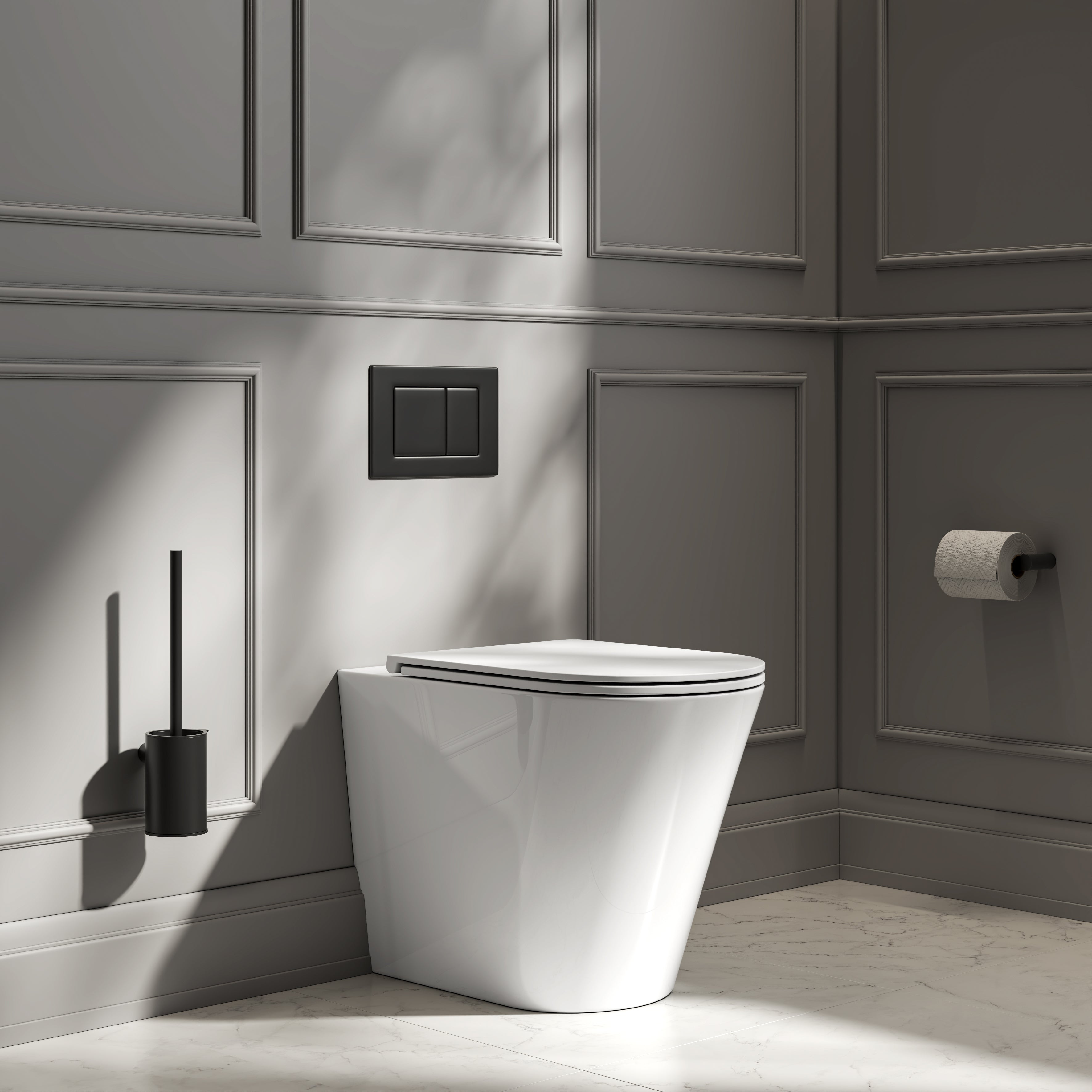 Nuvo Back to Wall Rimless Polished White Toilet with Concealed Cistern & Matte Black Flush Plate