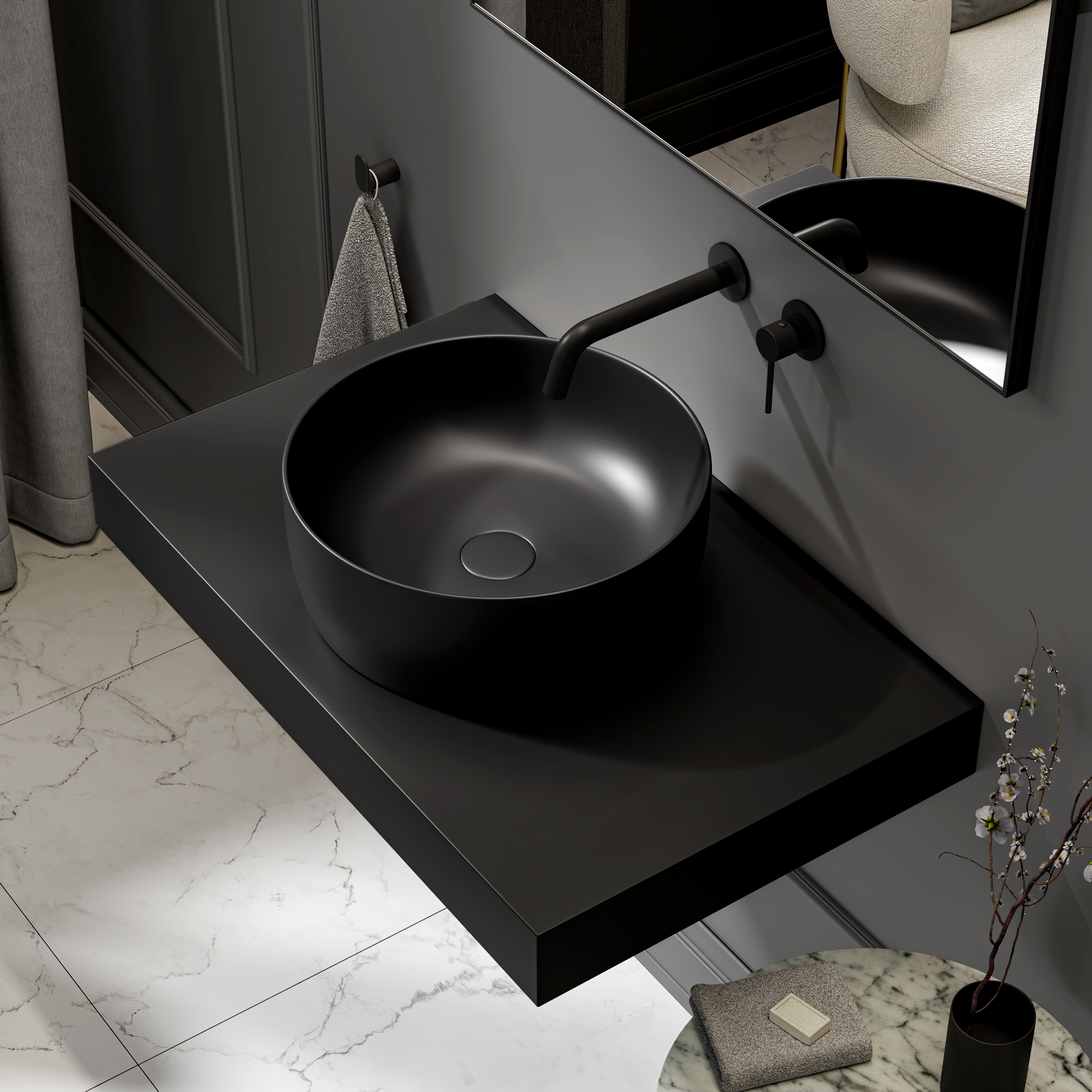 Mount Countertop Stone Basin 400mm Matte Black