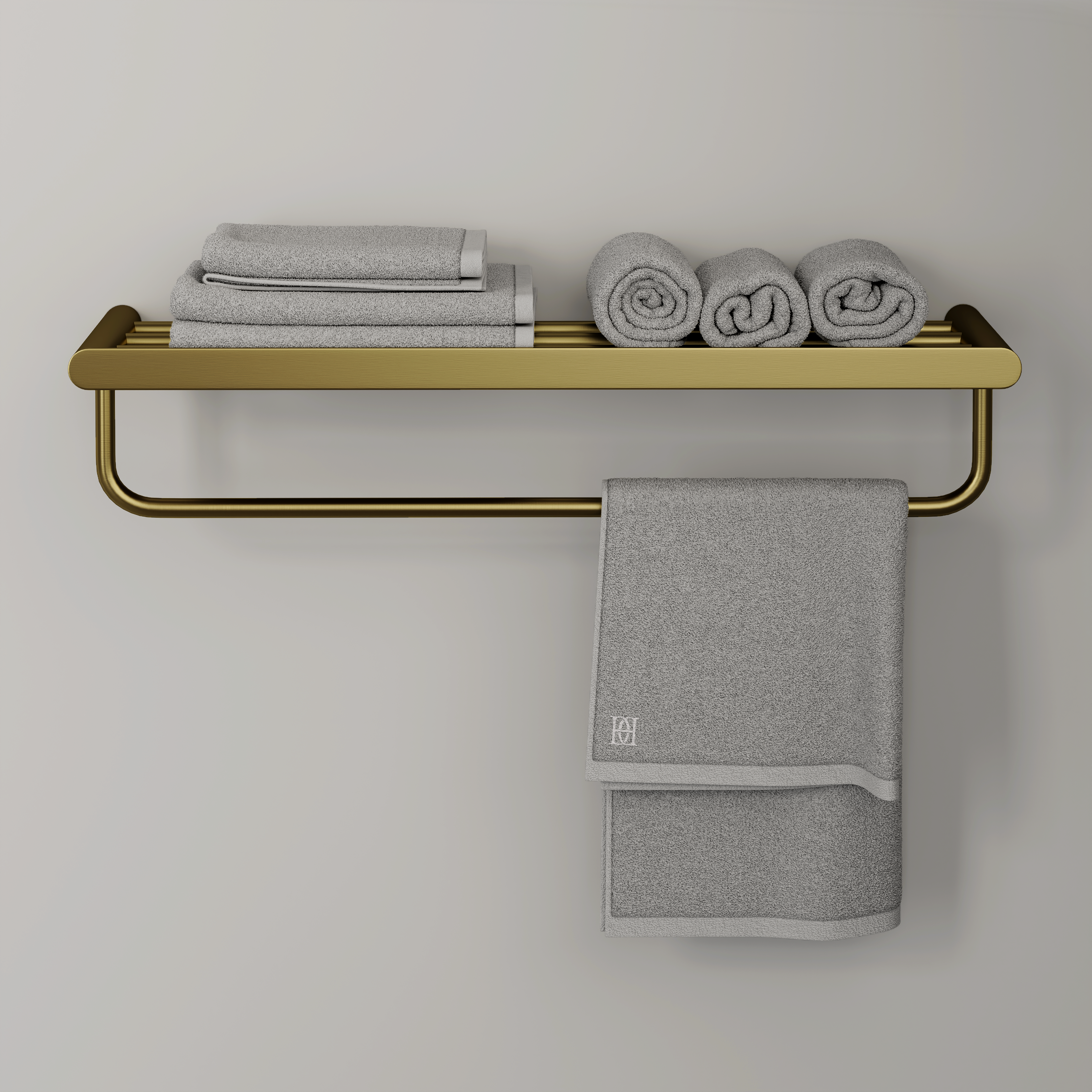 Nuvo Brushed Gold Towel Shelf With Rail 600