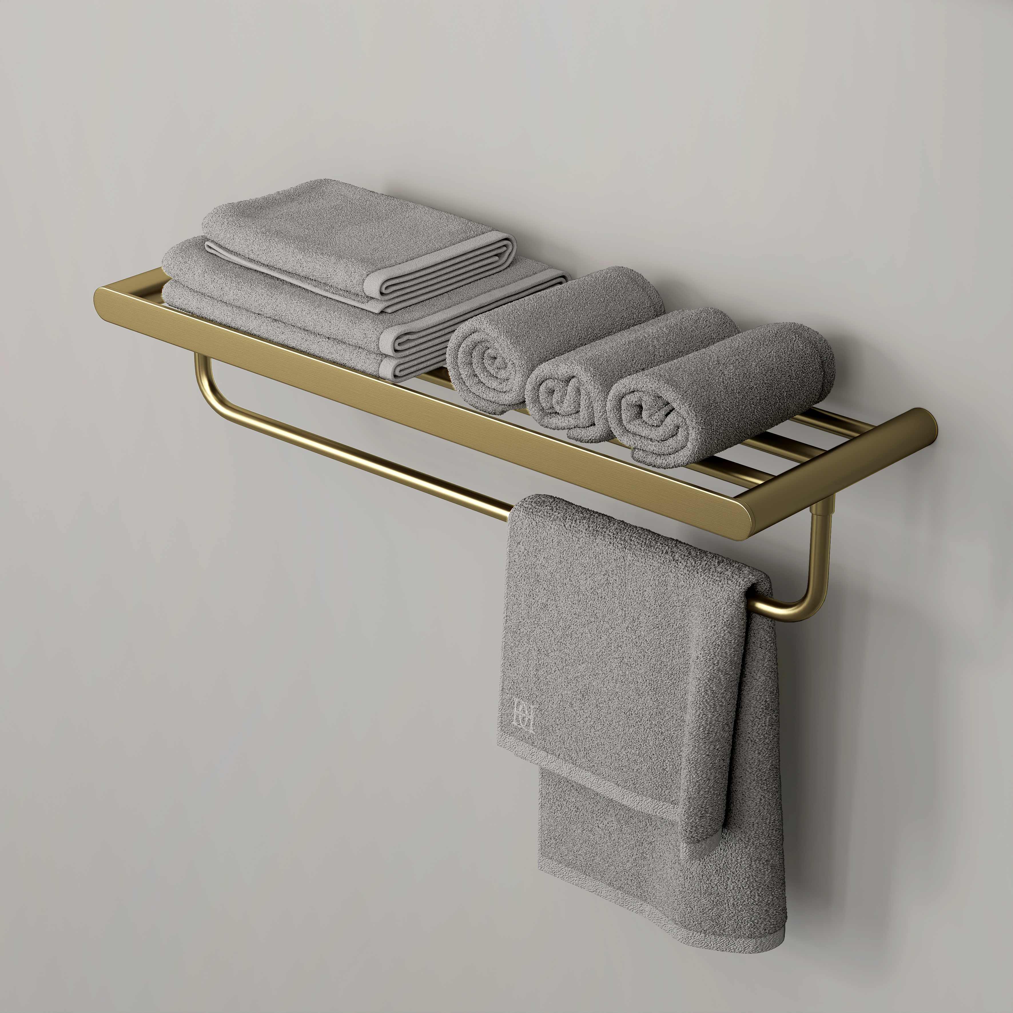 Nuvo Brushed Gold Towel Shelf With Rail 600