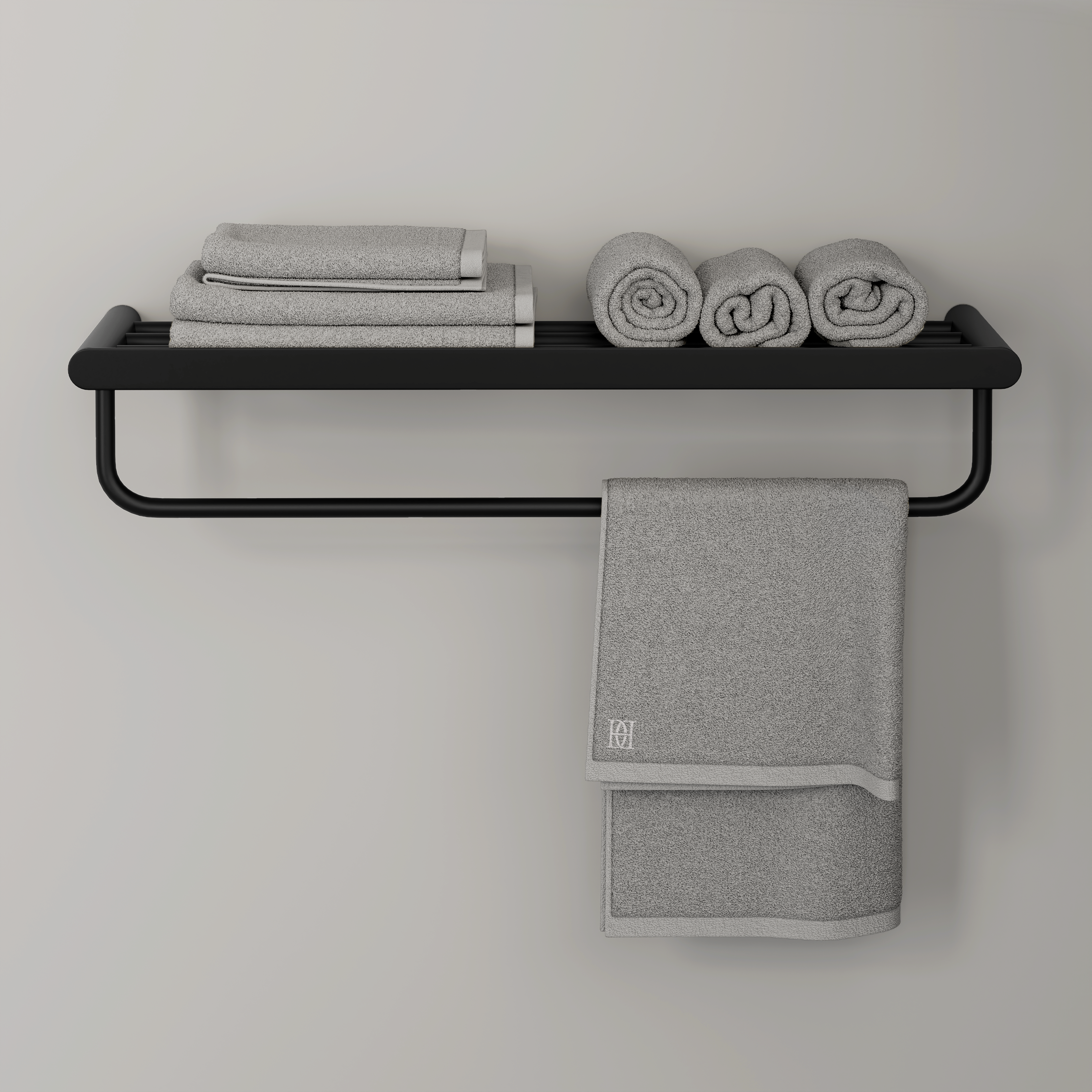 Nuvo Matte Black Towel Shelf With Rail 600