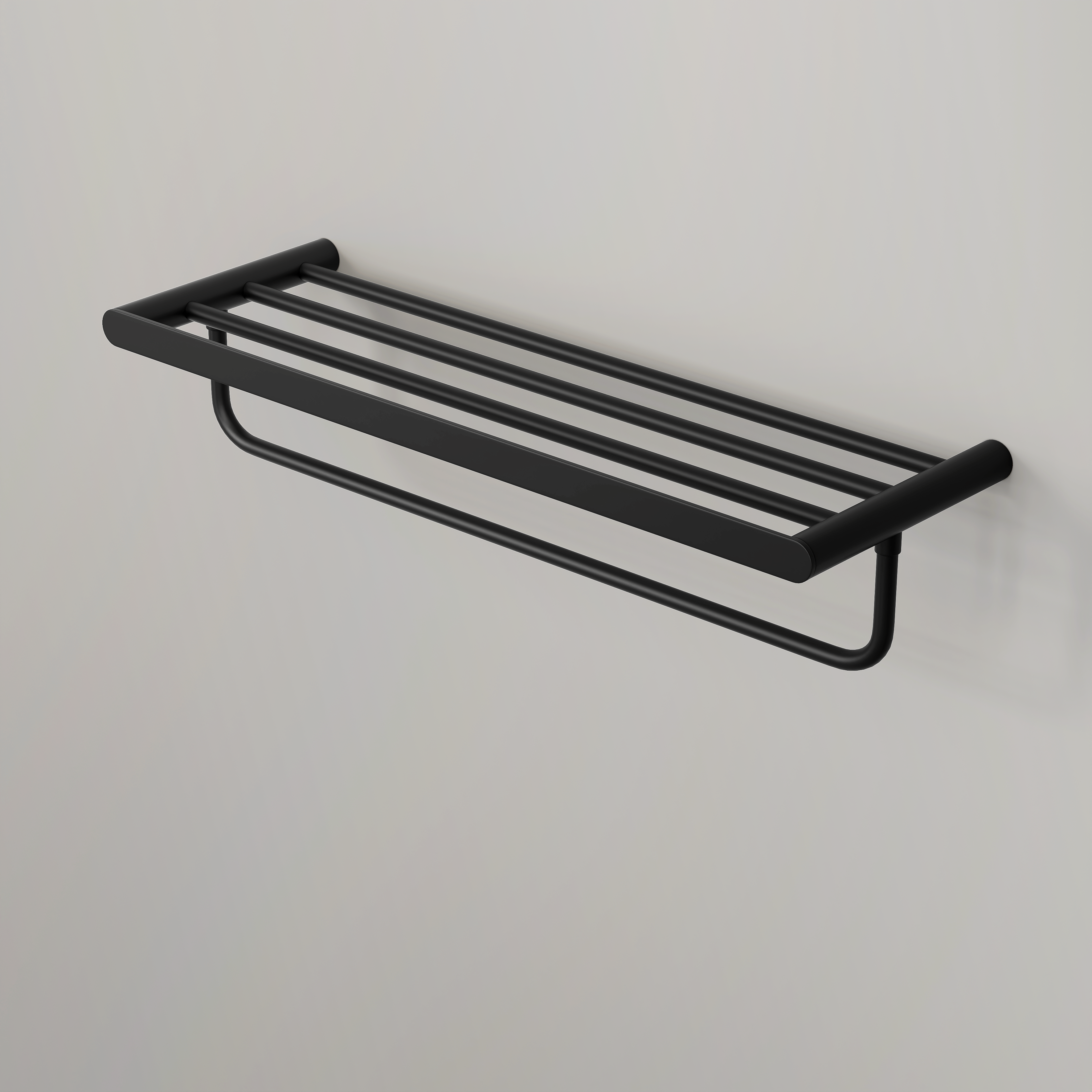 Nuvo Matte Black Towel Shelf With Rail 600