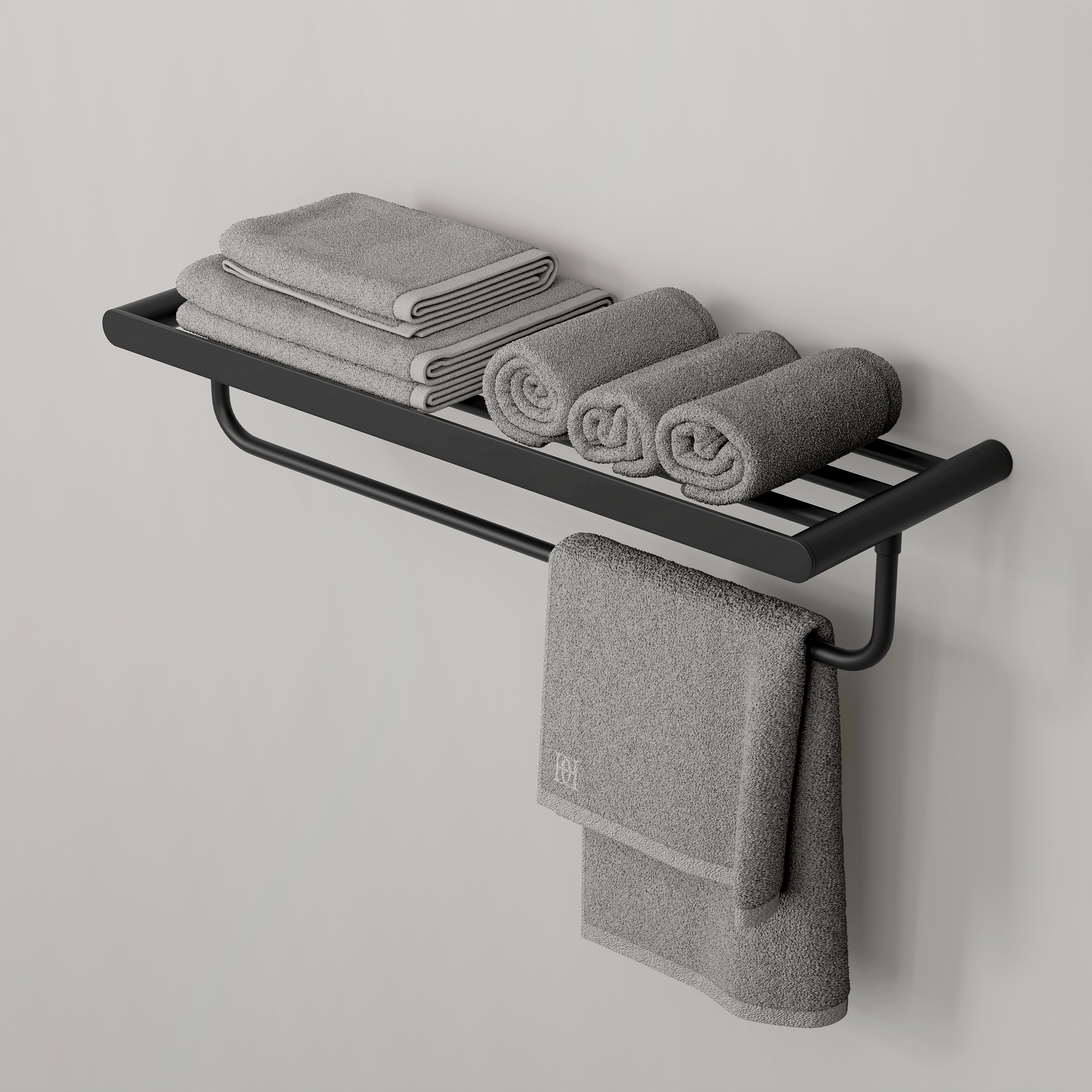 Nuvo Matte Black Towel Shelf With Rail 600