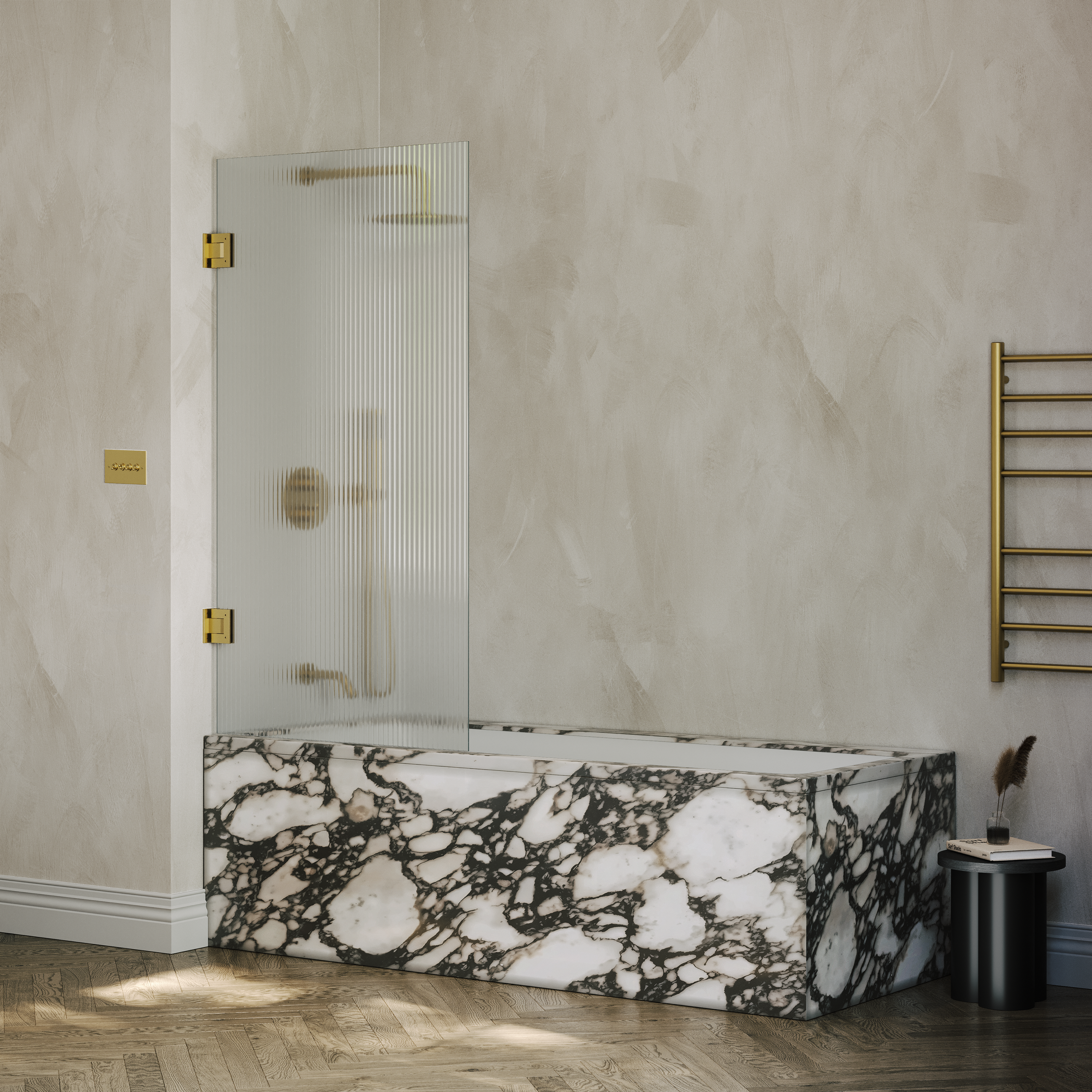 Sterling Reeded Frameless Bath Shower Screen 800mm with Brushed Gold Hinge