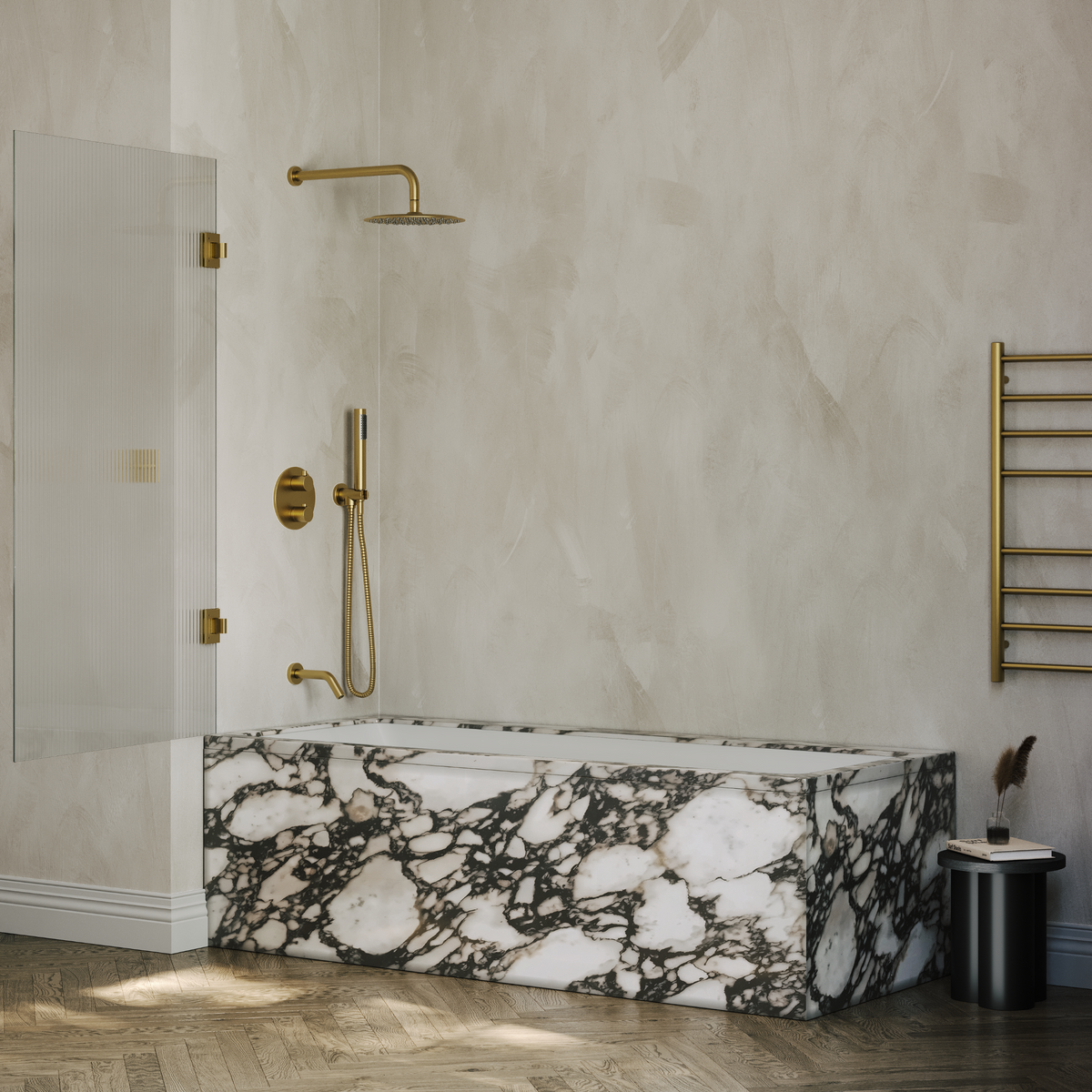 Sterling Reeded Frameless Bath Shower Screen 800mm with Brushed Gold Hinge