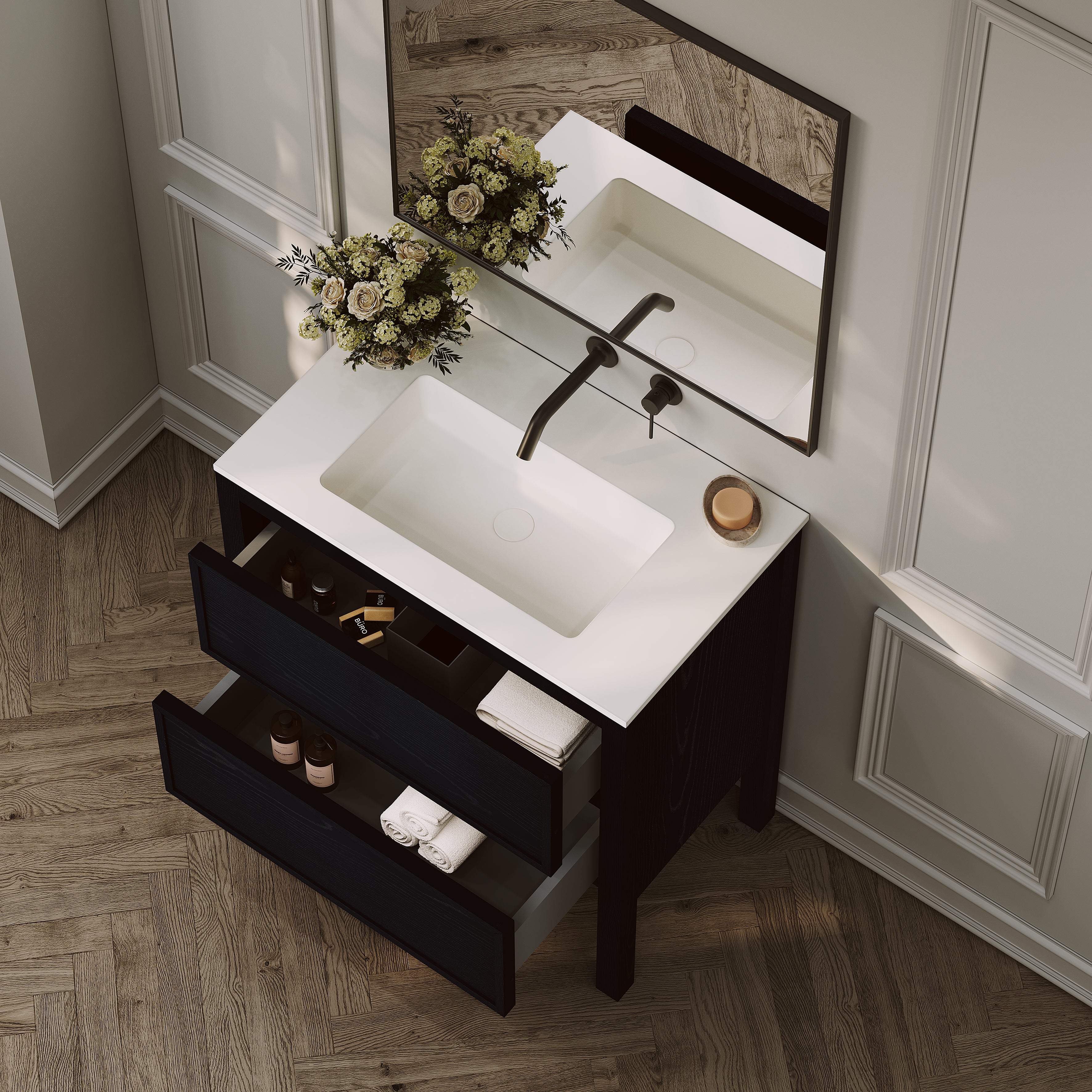 Carter Vanity Unit with Stone Basin (Black Oak 800mm)