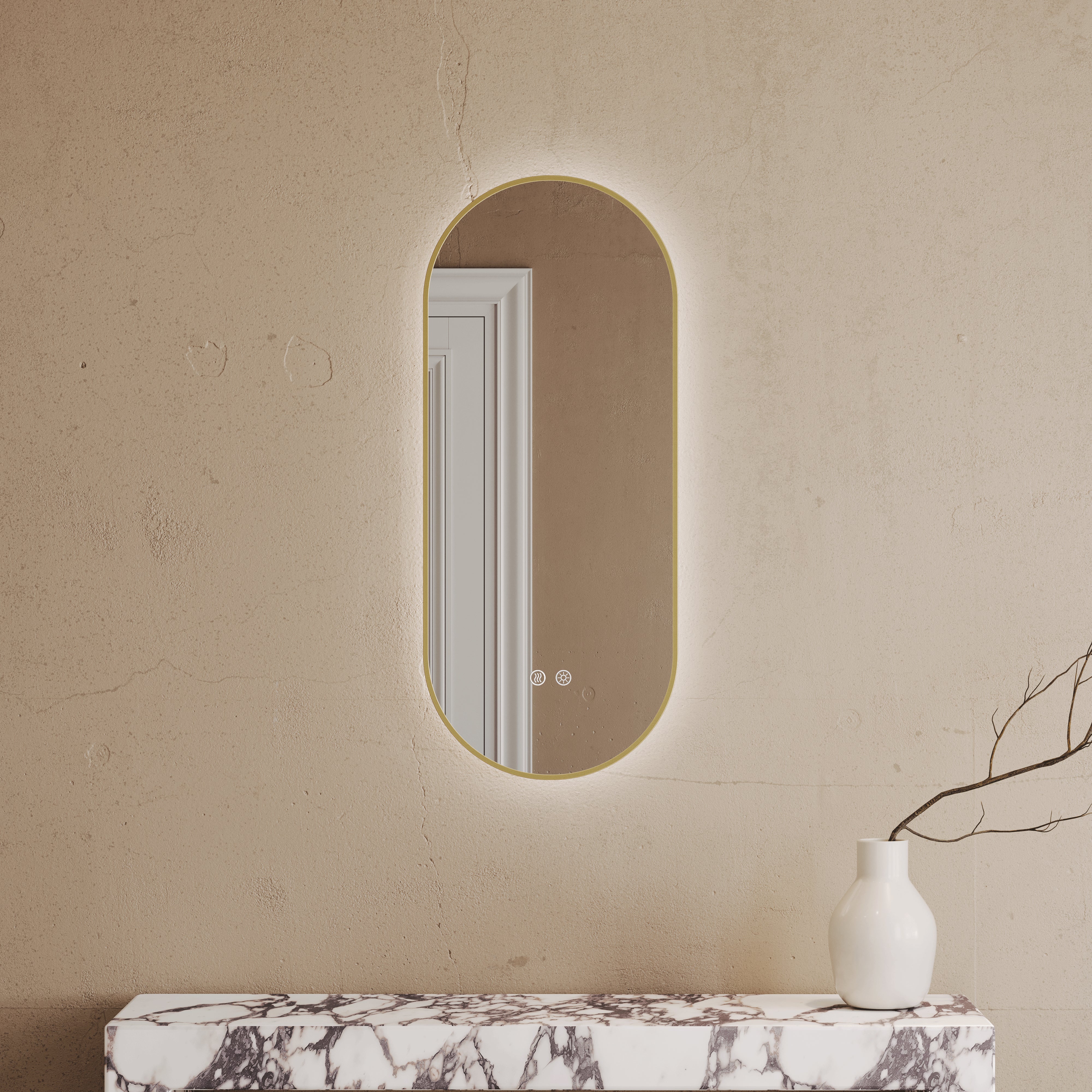 Cielo Brushed Gold Mirror With Natural White LED light and Demister 380mm