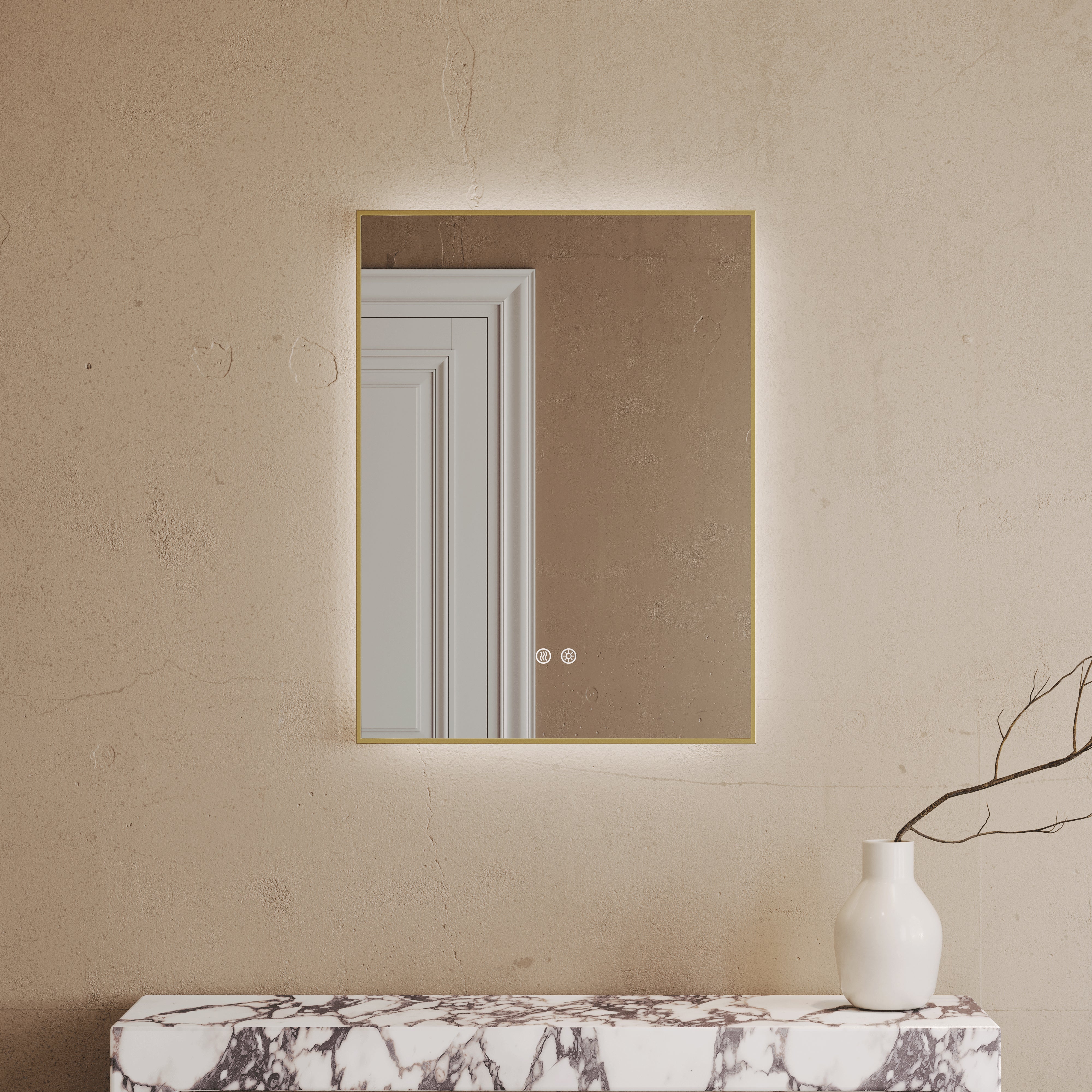 Cielo Brushed Gold Mirror With Natural White LED light and Demister 600mm