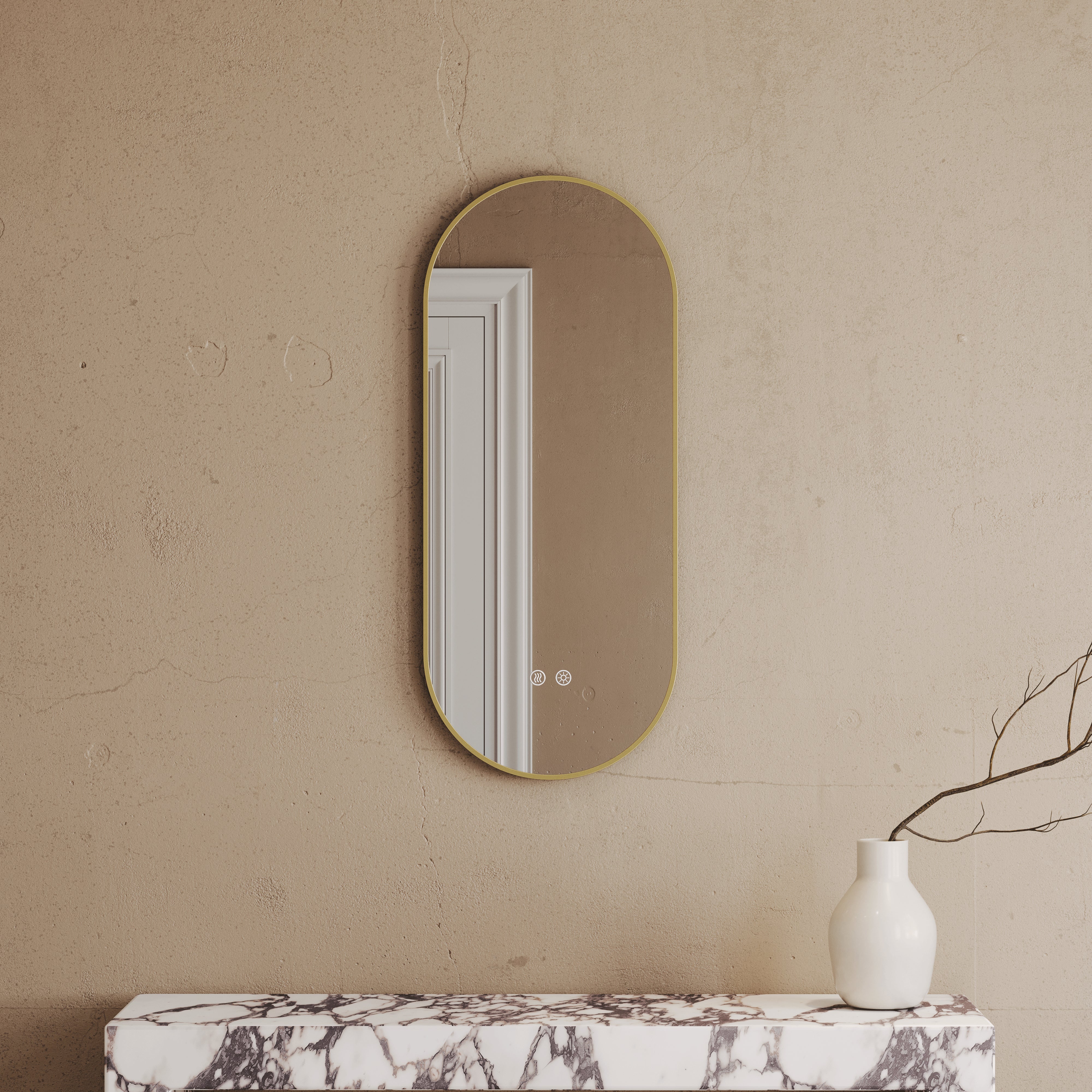 Cielo Brushed Gold Mirror With Natural White LED light and Demister 380mm