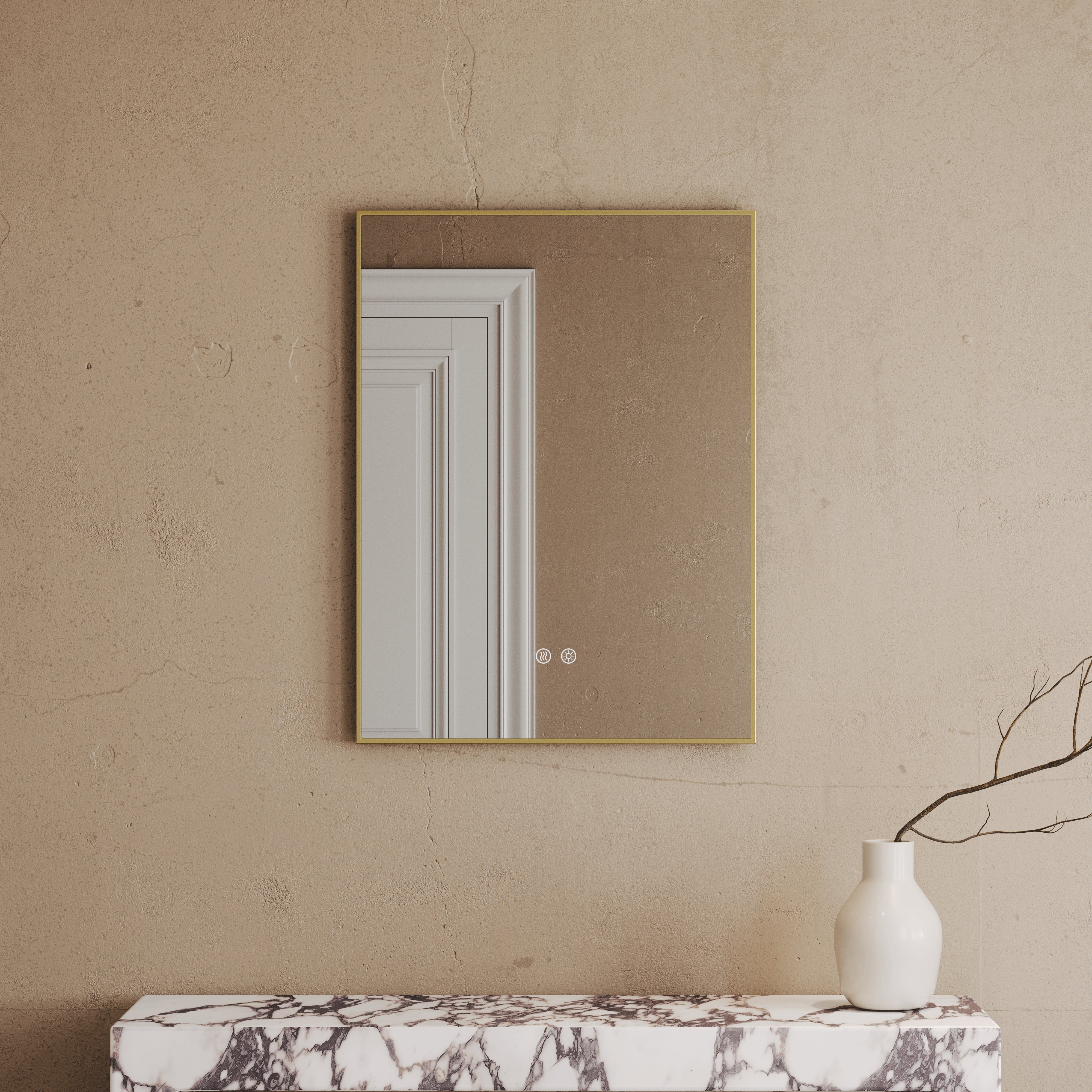 Cielo Brushed Gold Mirror With Natural White LED light and Demister 600mm