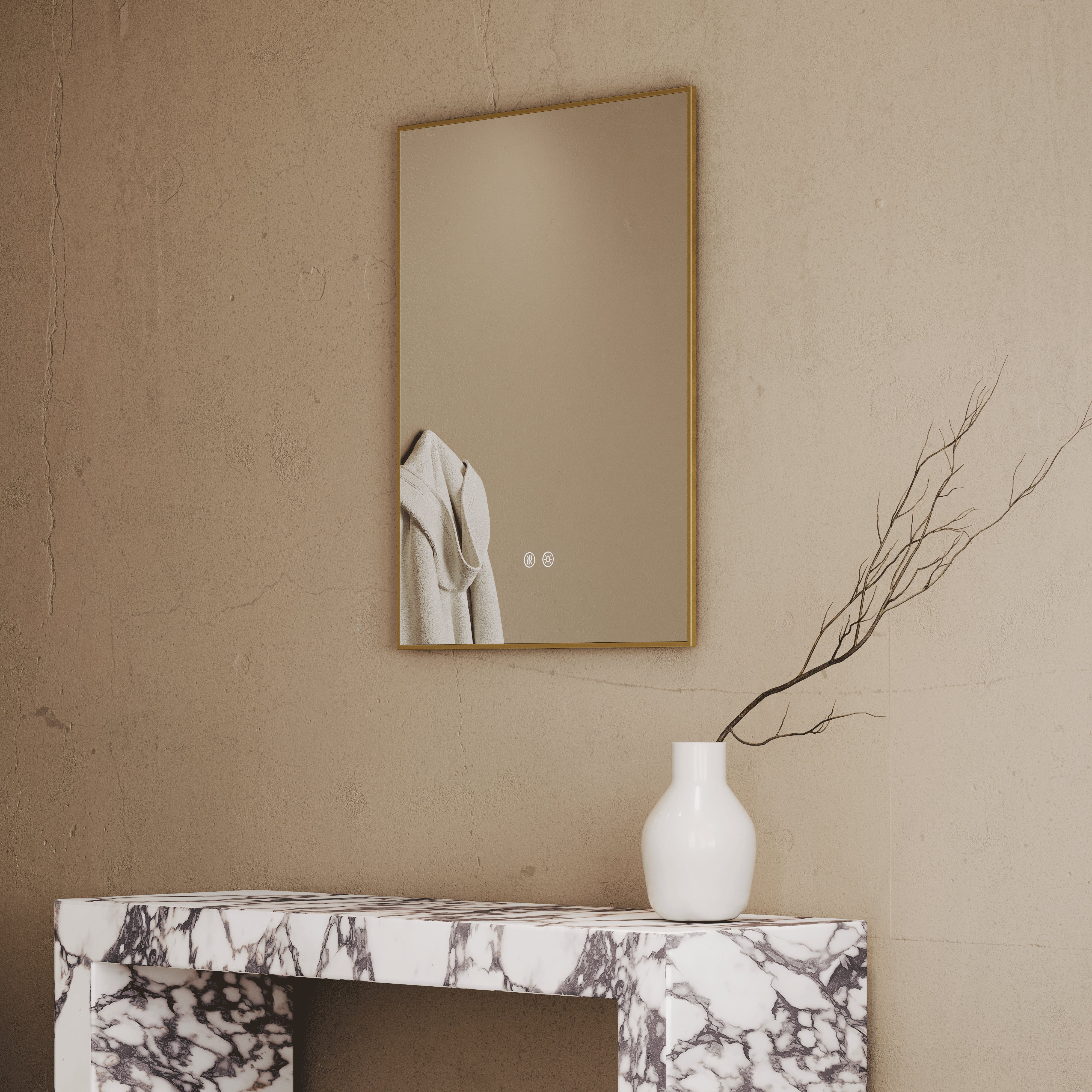Cielo Brushed Gold Mirror With Natural White LED light and Demister 600mm