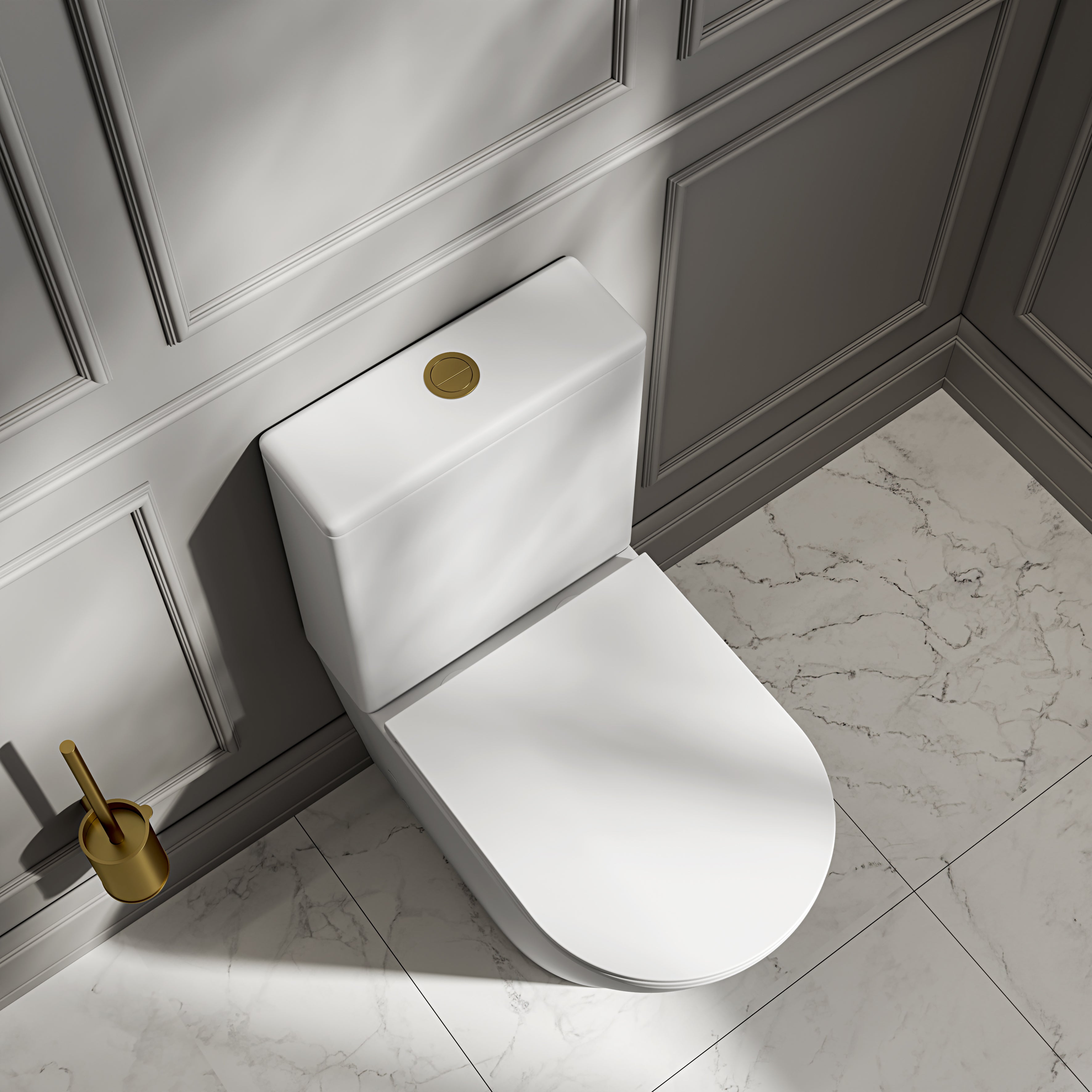 Nuvo Matte White Close Coupled Toilet with Brushed Gold Push Button