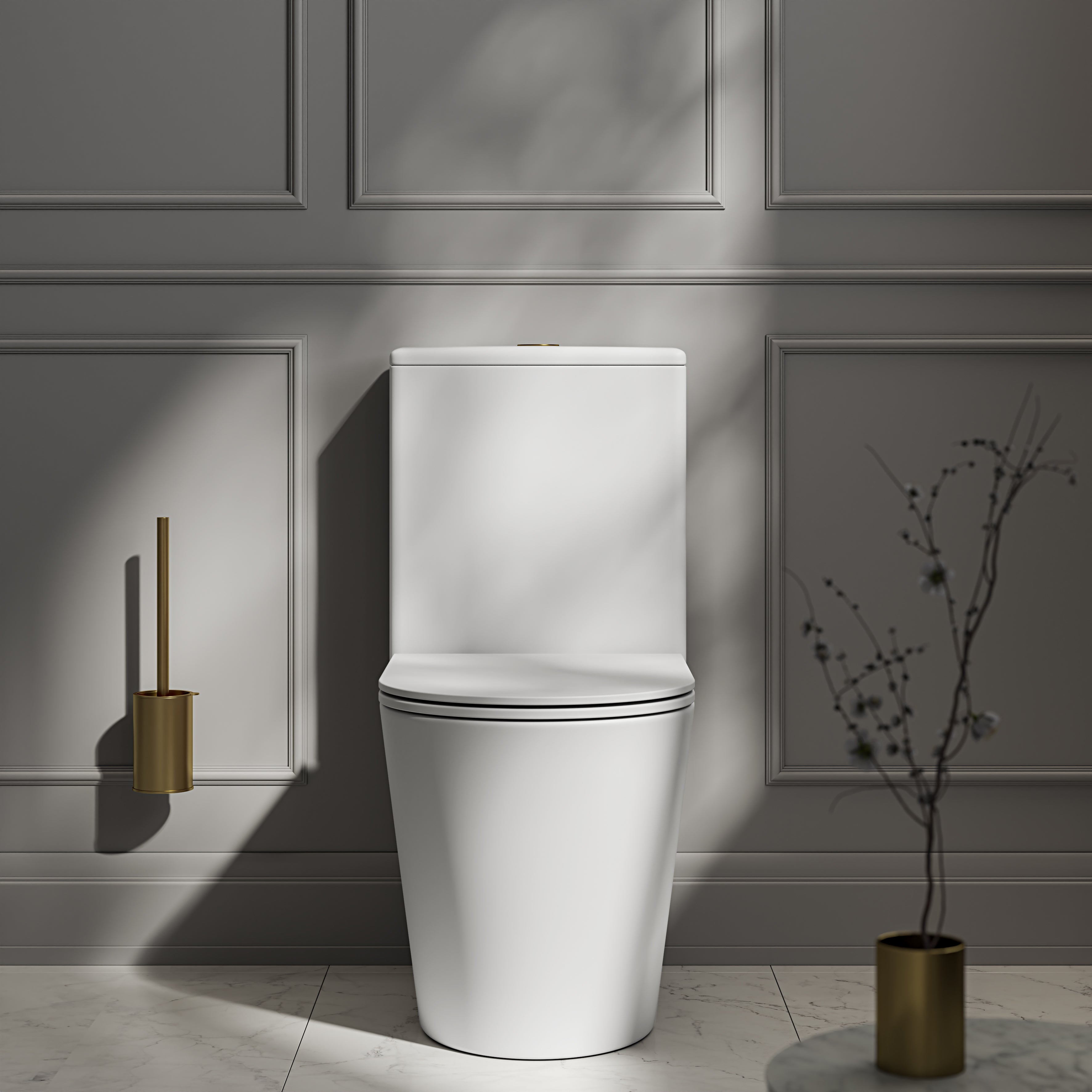 Nuvo Matte White Close Coupled Toilet with Brushed Gold Push Button