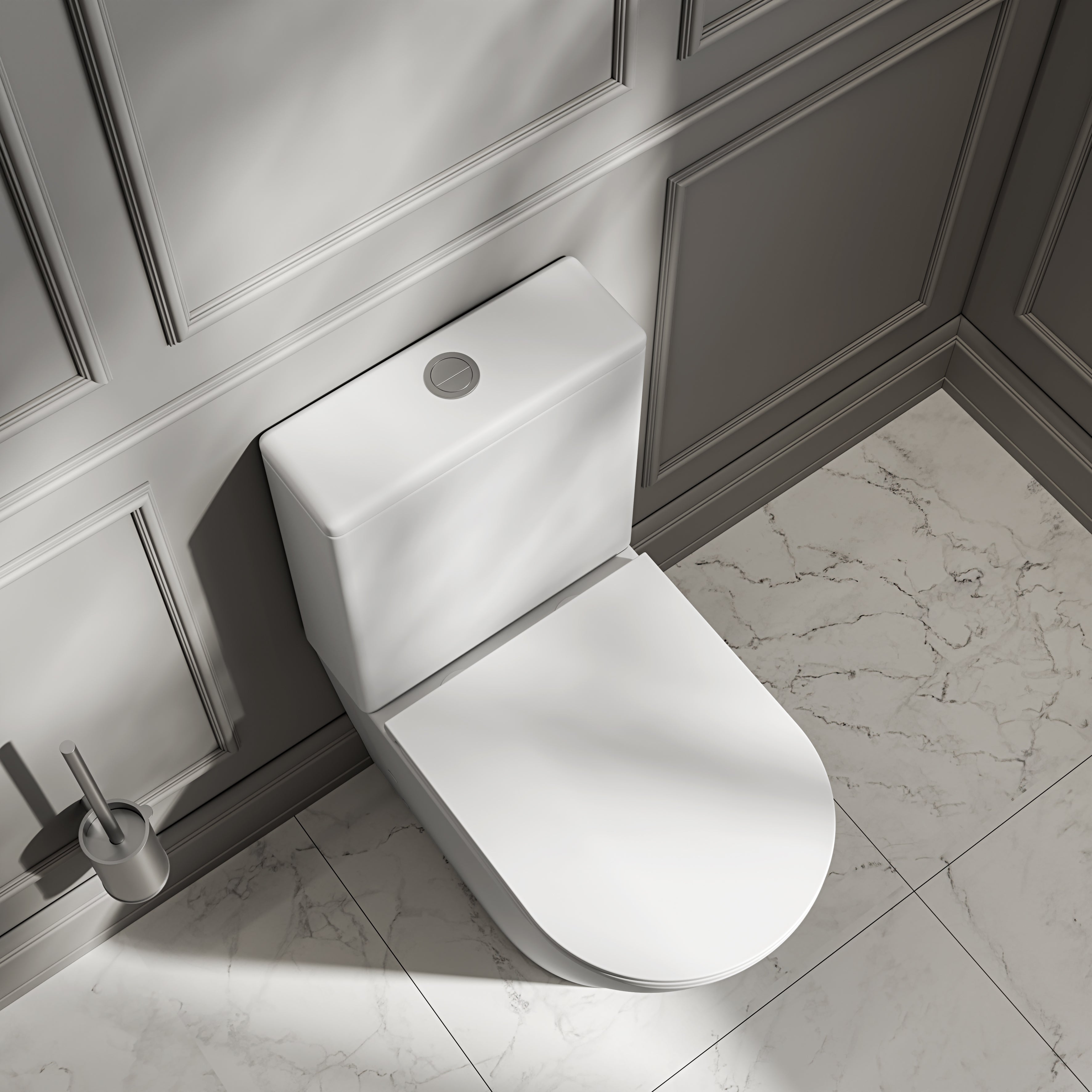 Nuvo Matte White Close Coupled Toilet with Brushed Stainless Push Button