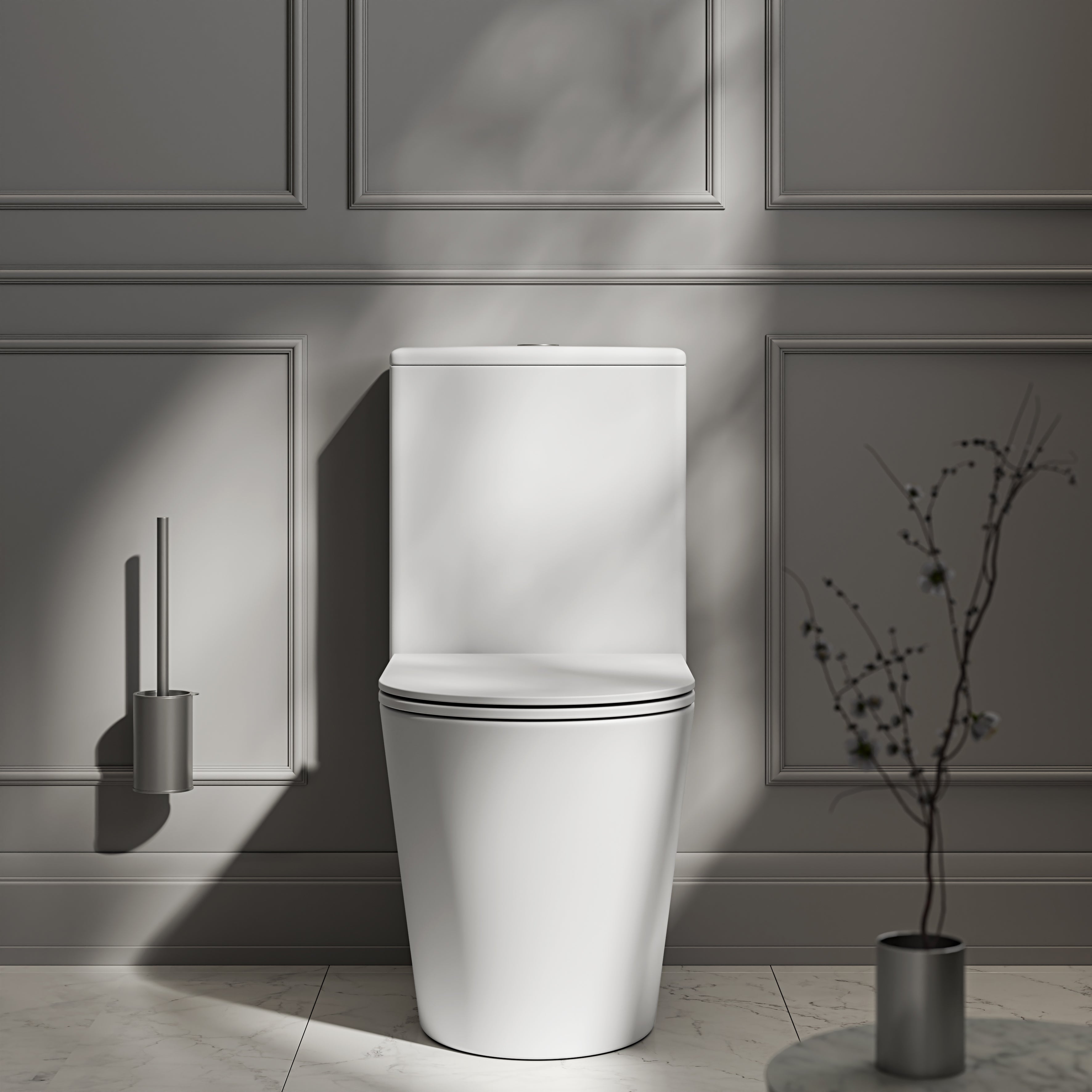 Nuvo Matte White Close Coupled Toilet with Brushed Stainless Push Button
