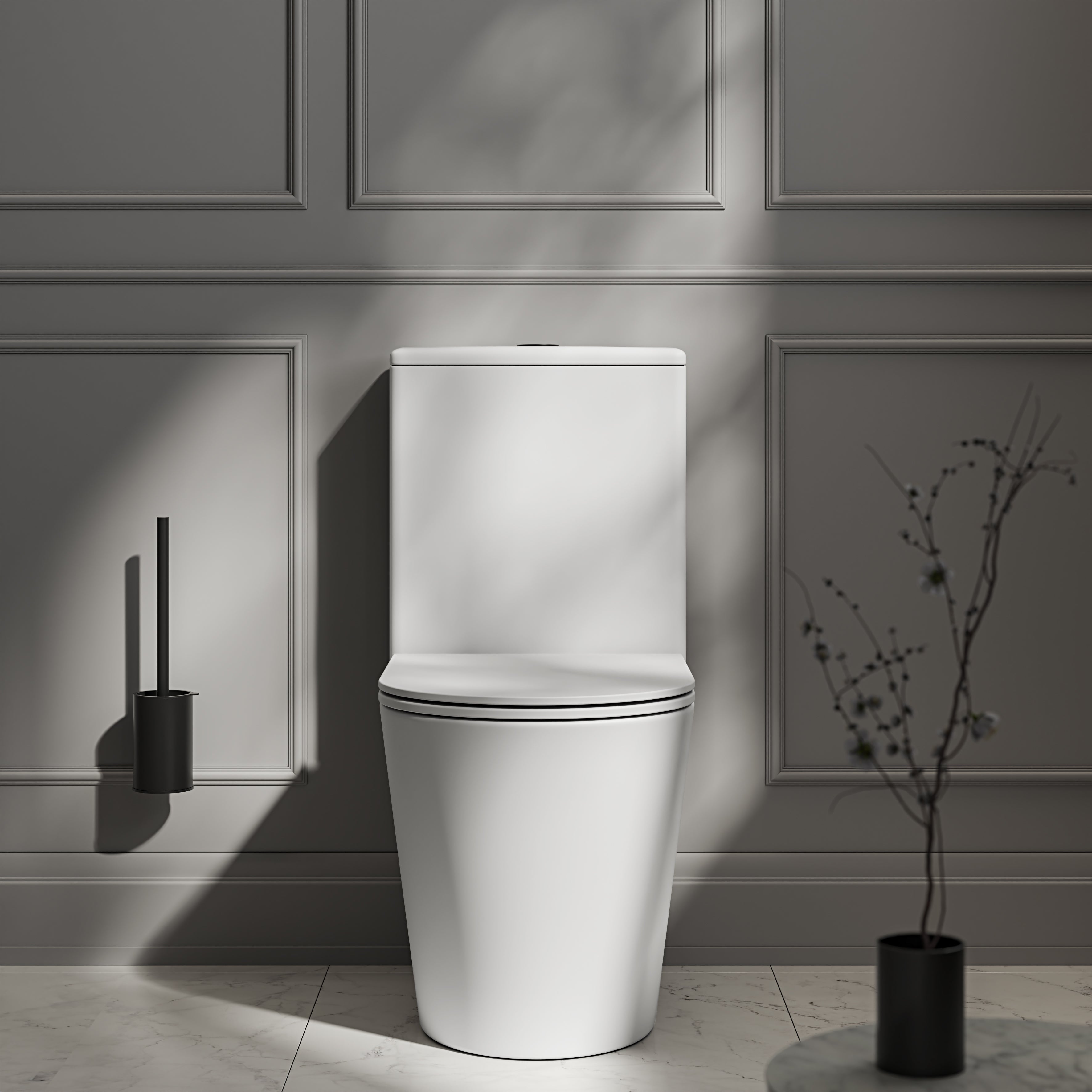 Nuvo Matte White Close Coupled Toilet with Matte Black Push Button