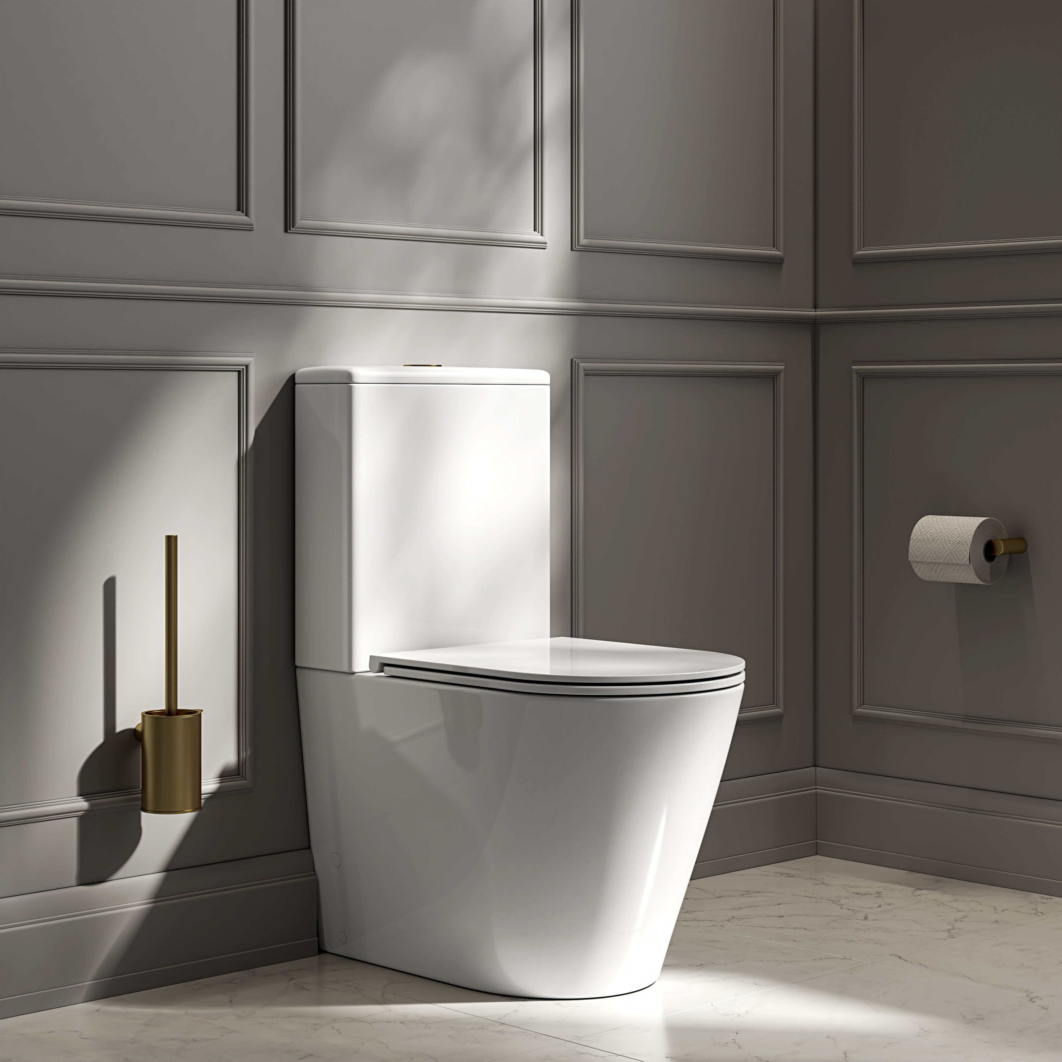 Nuvo Polished White Close Coupled Toilet with Brushed Gold Push Button