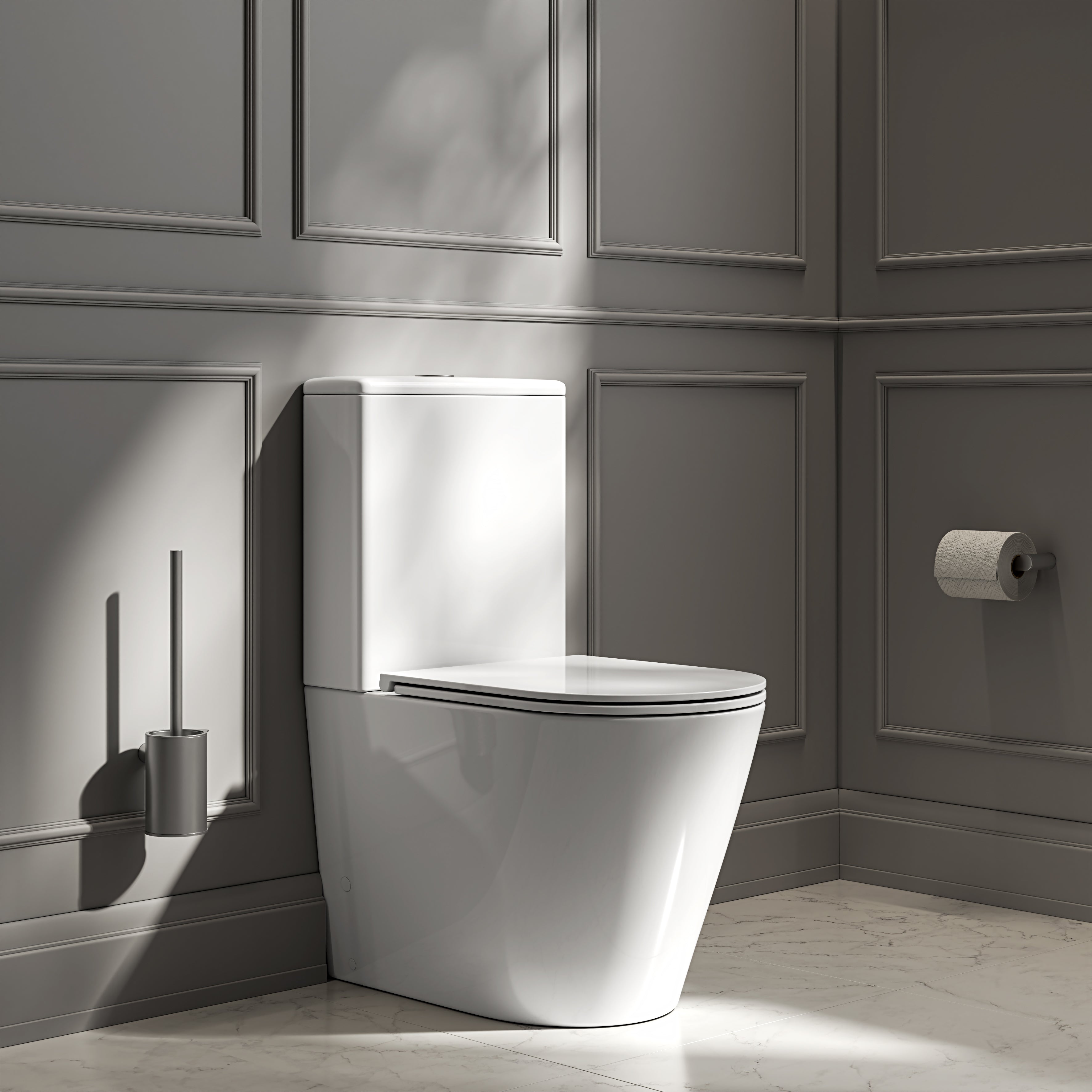 Nuvo Polished White Close Coupled Toilet with Brushed Stainless Push Button