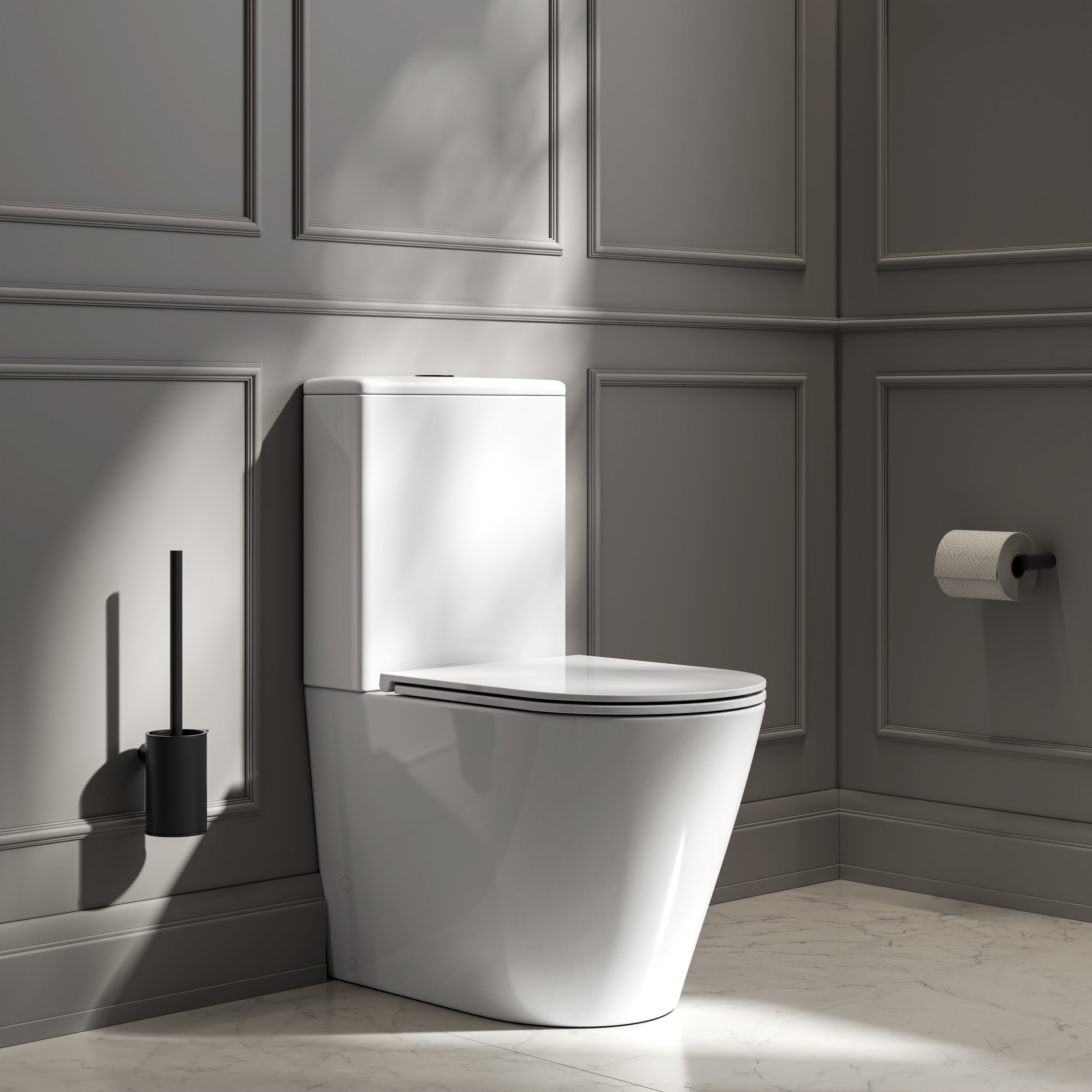 Nuvo Polished White Close Coupled Toilet with Matte Black Push Button