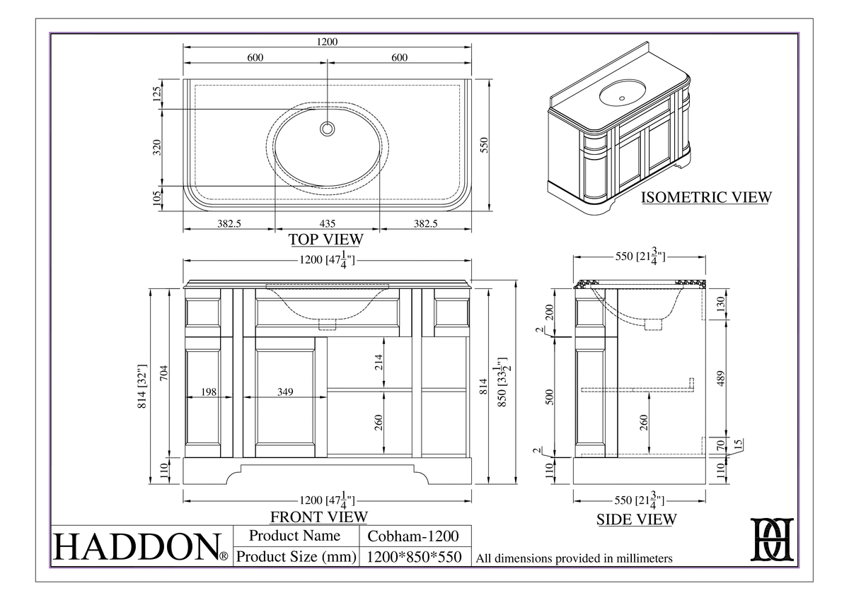 Cobham Quartz Floorstanding Vanity Unit (Matte White) 1200mm – dimensions