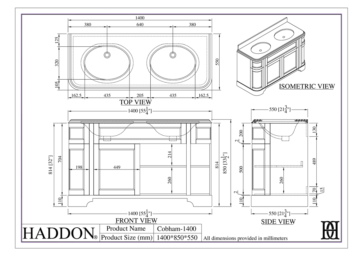 Cobham Quartz Floorstanding Vanity Unit (Matte Cream) 1400mm – dimensions
