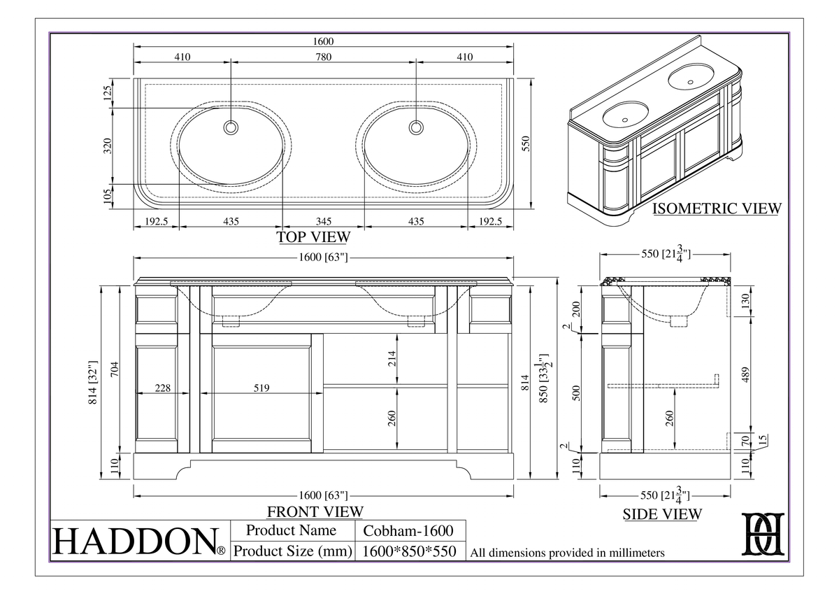 Cobham Quartz Floorstanding Vanity Unit (Matte Cream) 1600mm – dimensions