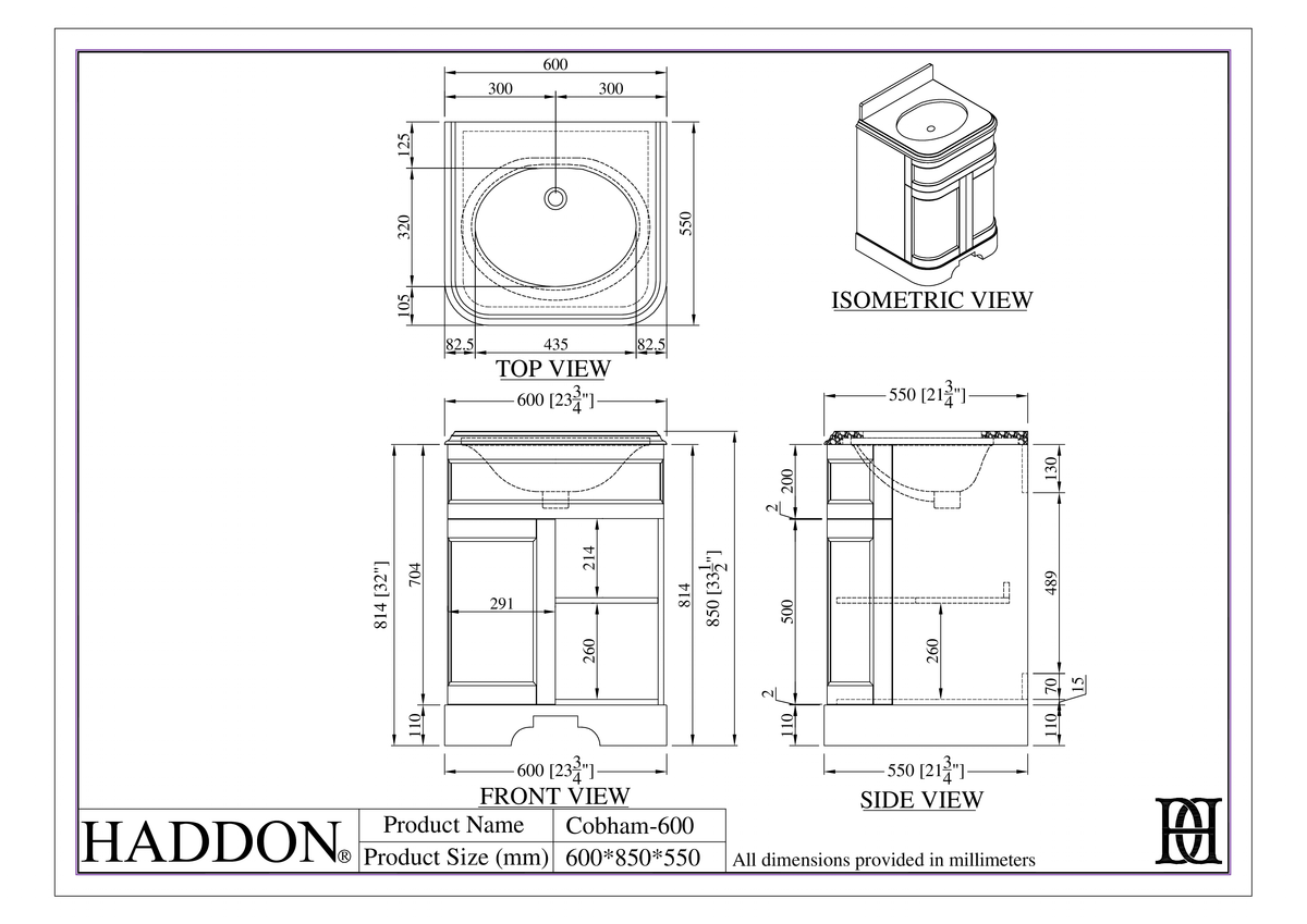 Cobham Carrara Marble Floorstanding Vanity Unit (Matte White) 600mm – dimensions