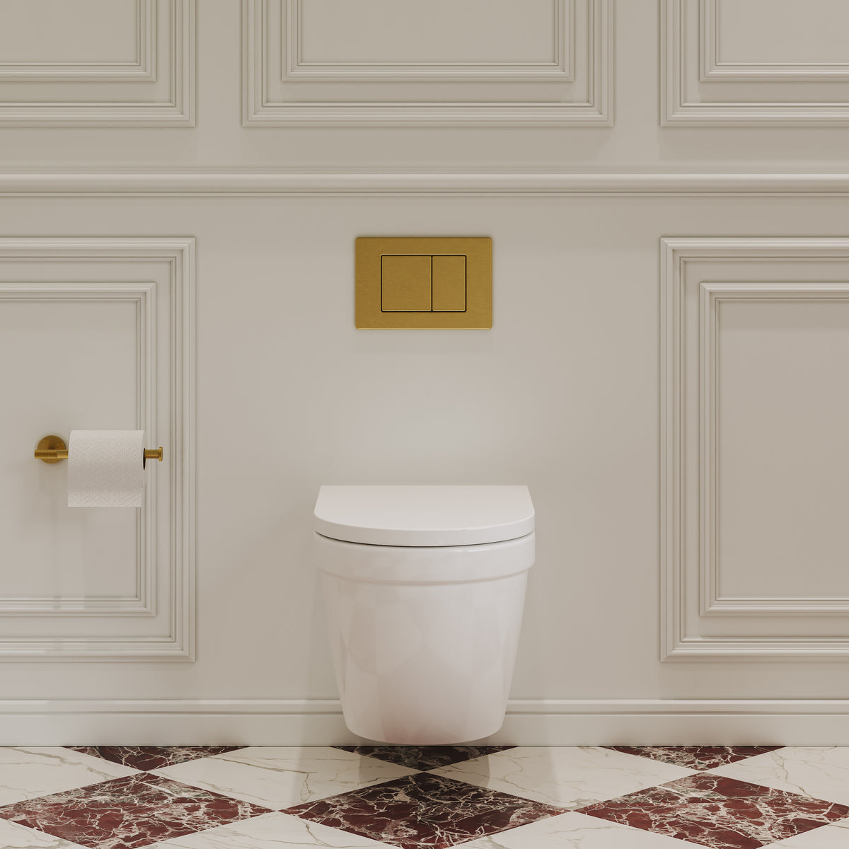 Eton Traditional Wall Hung Rimless White Toilet with Concealed Cistern Frame & Brushed Gold Flush Plate